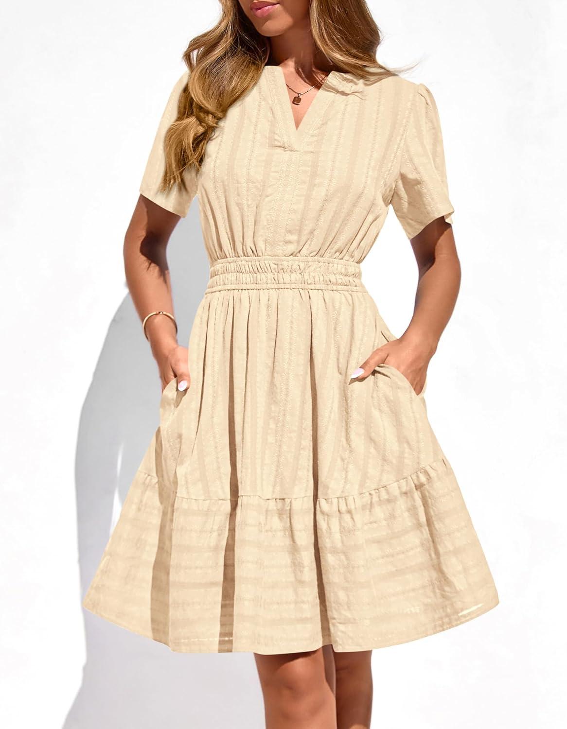 imageBTFBM Womens Spring 2026 Casual Mini Dresses Lightweight Short Sleeve V Neck Elastic Waist Cute Boho Beach Dress PocketsApricot