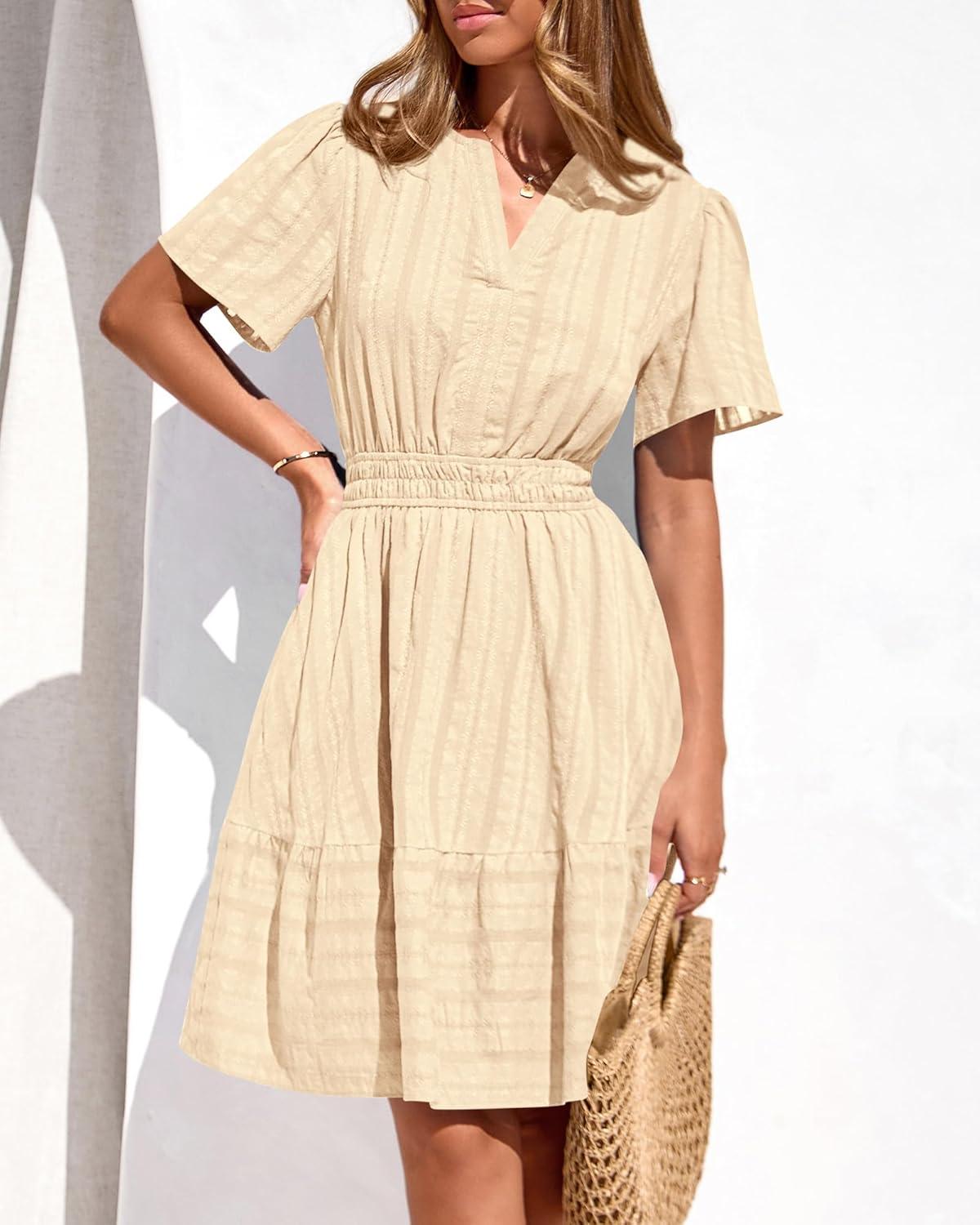 imageBTFBM Womens Spring 2026 Casual Mini Dresses Lightweight Short Sleeve V Neck Elastic Waist Cute Boho Beach Dress PocketsApricot