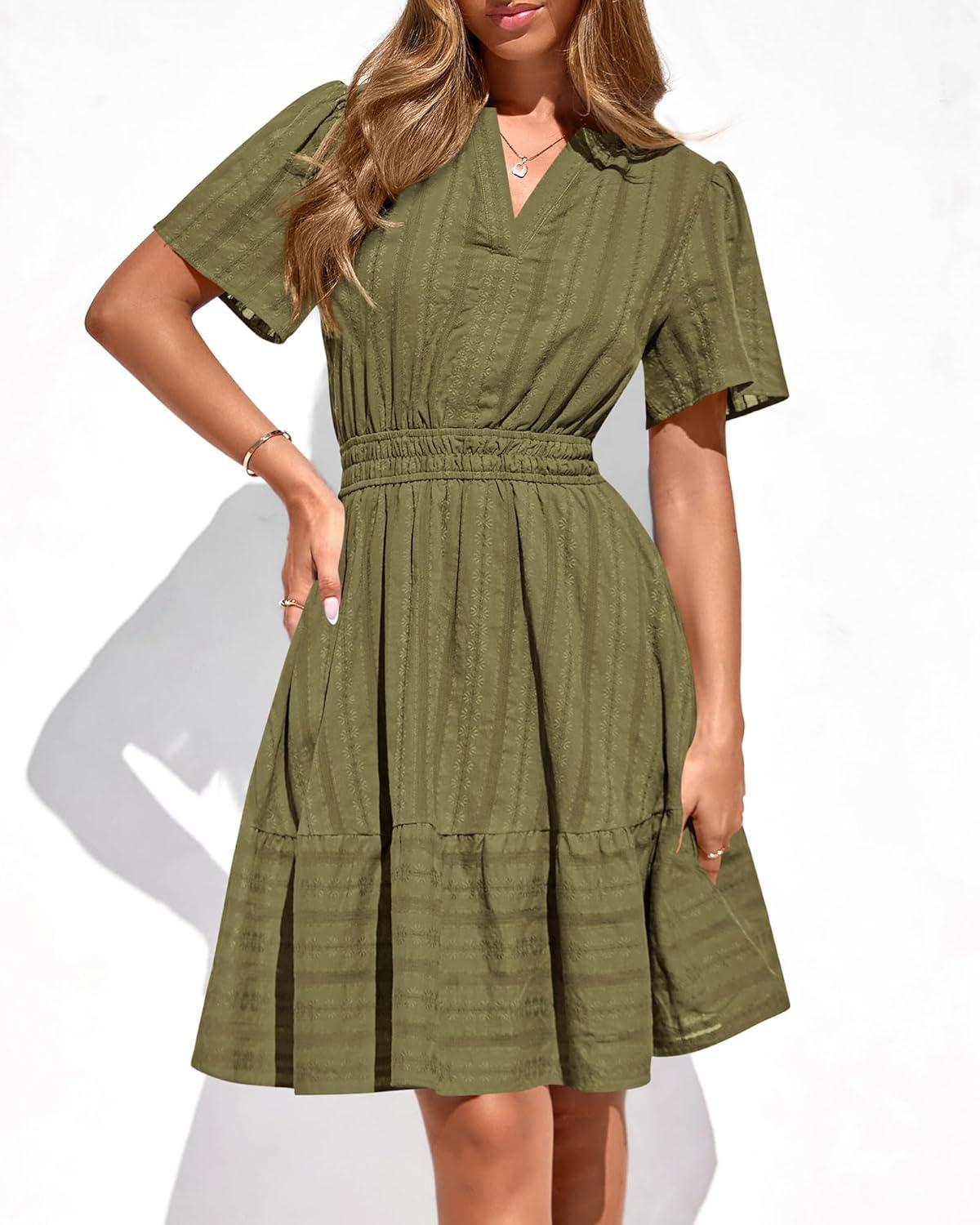 imageBTFBM Womens Spring 2026 Casual Mini Dresses Lightweight Short Sleeve V Neck Elastic Waist Cute Boho Beach Dress PocketsArmy Green