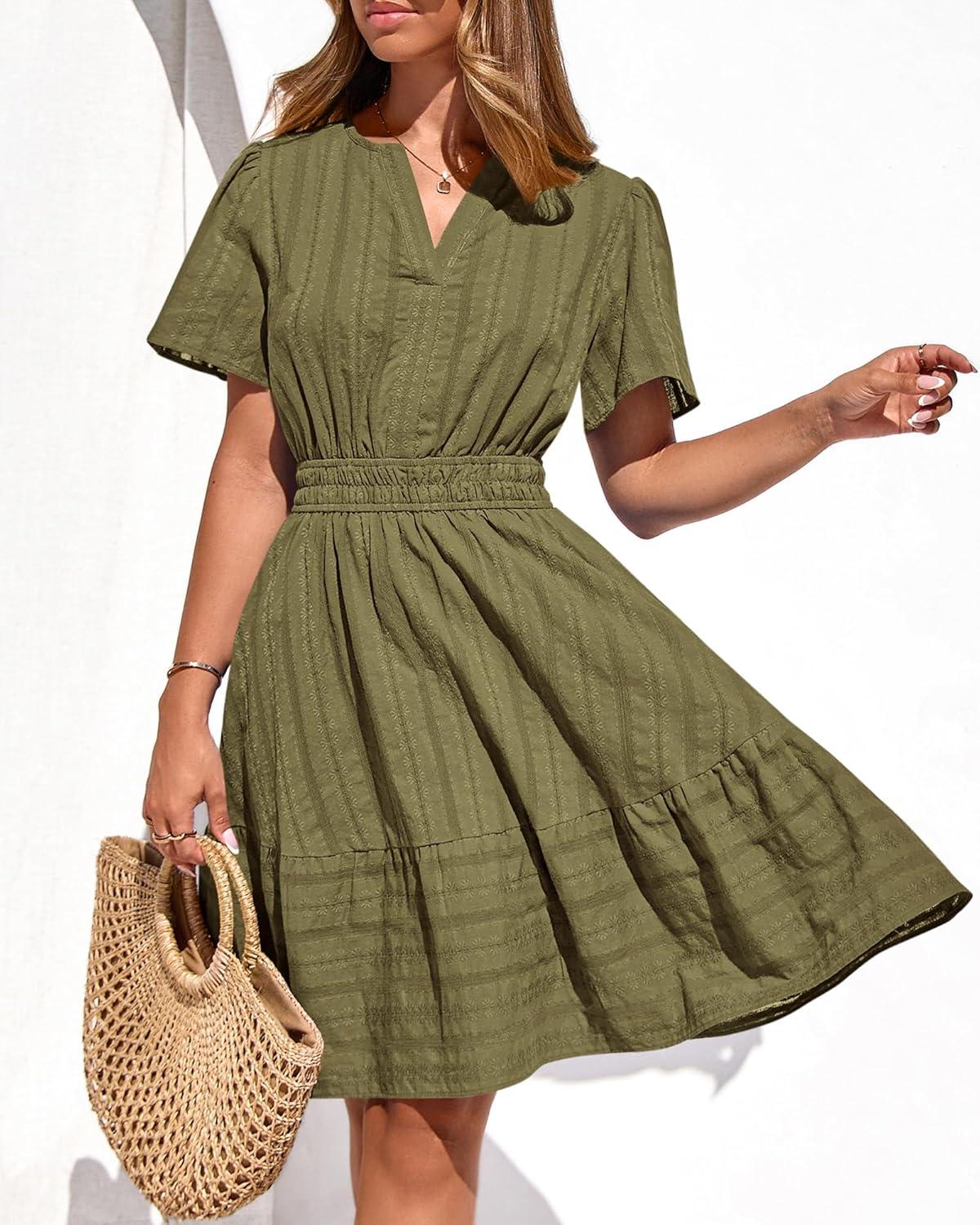 imageBTFBM Womens Spring 2026 Casual Mini Dresses Lightweight Short Sleeve V Neck Elastic Waist Cute Boho Beach Dress PocketsArmy Green