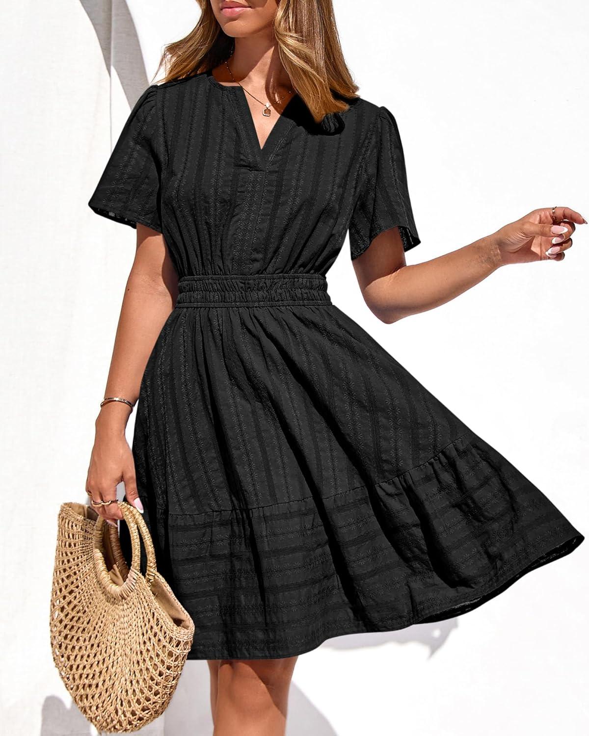 imageBTFBM Womens Spring 2026 Casual Mini Dresses Lightweight Short Sleeve V Neck Elastic Waist Cute Boho Beach Dress PocketsBlack