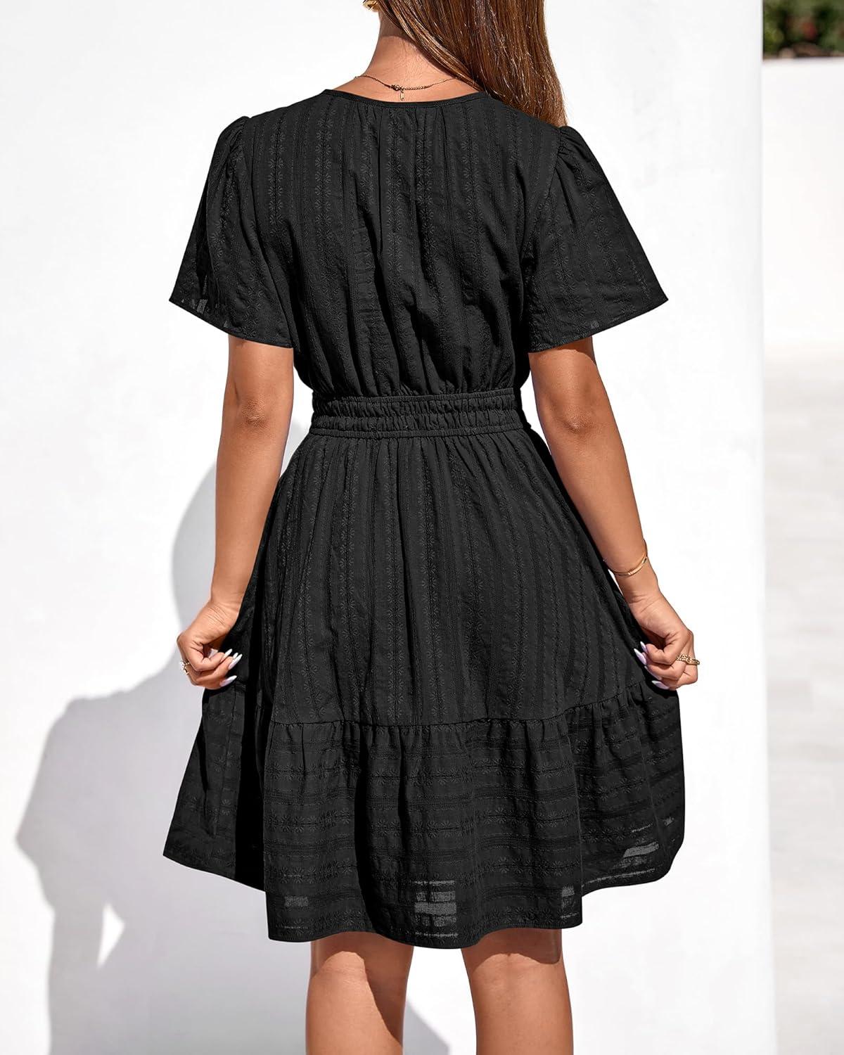 imageBTFBM Womens Spring 2026 Casual Mini Dresses Lightweight Short Sleeve V Neck Elastic Waist Cute Boho Beach Dress PocketsBlack