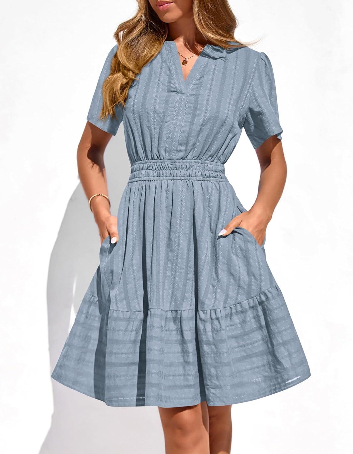 imageBTFBM Womens Spring 2026 Casual Mini Dresses Lightweight Short Sleeve V Neck Elastic Waist Cute Boho Beach Dress PocketsBlue Grey