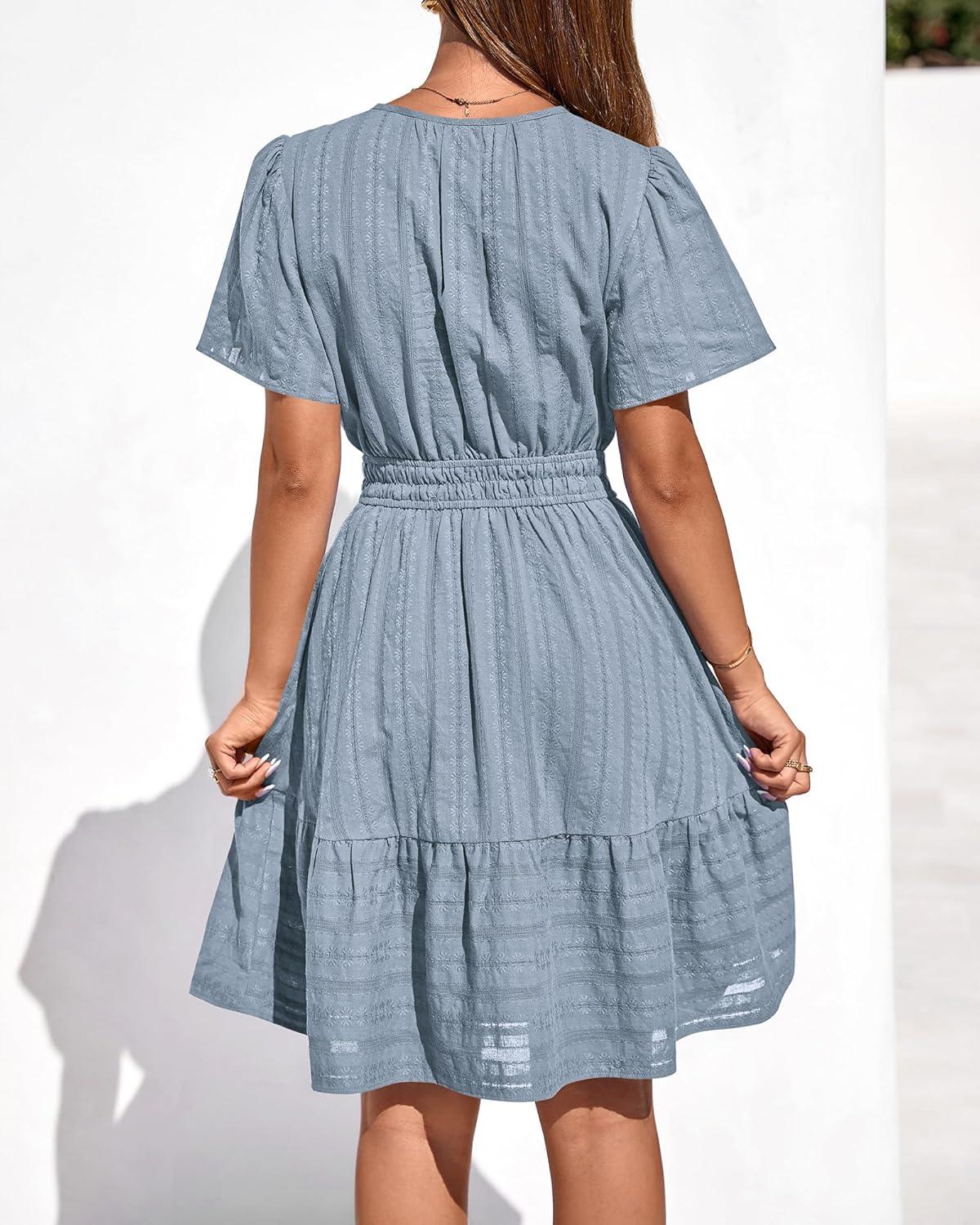 imageBTFBM Womens Spring 2026 Casual Mini Dresses Lightweight Short Sleeve V Neck Elastic Waist Cute Boho Beach Dress PocketsBlue Grey