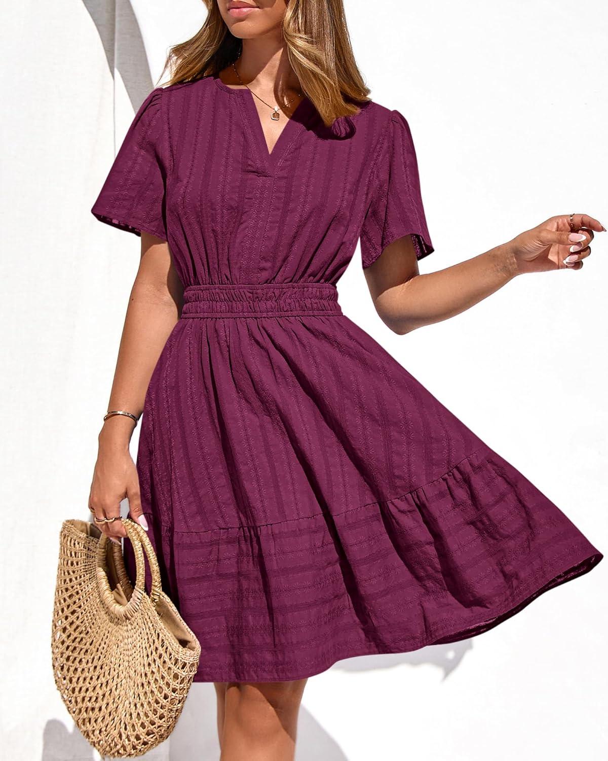 imageBTFBM Womens Spring 2026 Casual Mini Dresses Lightweight Short Sleeve V Neck Elastic Waist Cute Boho Beach Dress PocketsBurgundy