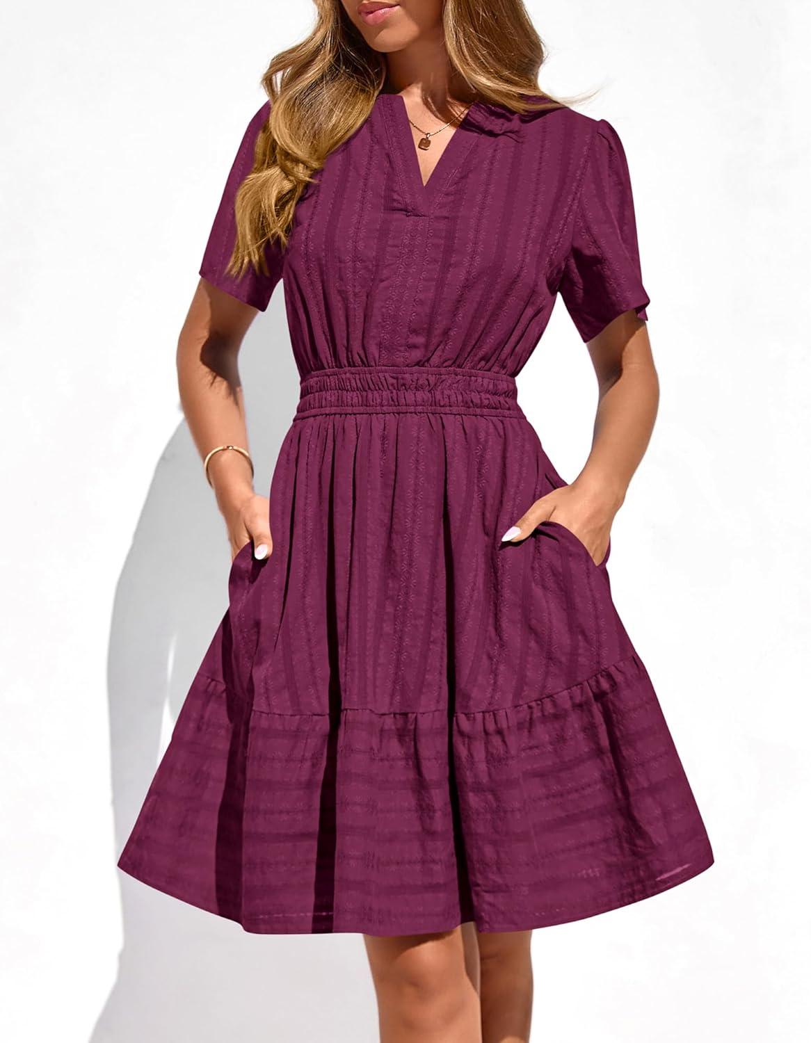 imageBTFBM Womens Spring 2026 Casual Mini Dresses Lightweight Short Sleeve V Neck Elastic Waist Cute Boho Beach Dress PocketsBurgundy