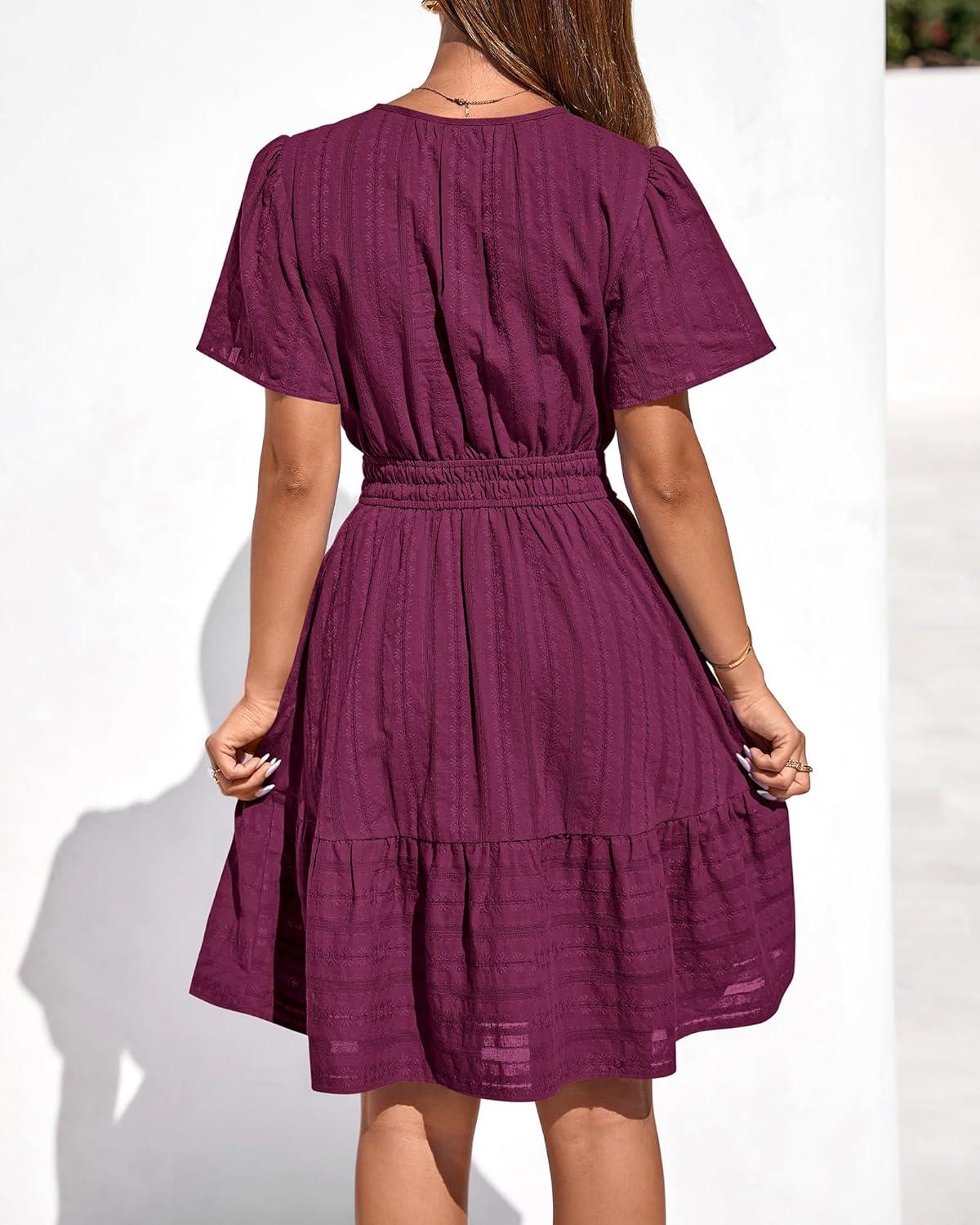 imageBTFBM Womens Spring 2026 Casual Mini Dresses Lightweight Short Sleeve V Neck Elastic Waist Cute Boho Beach Dress PocketsBurgundy