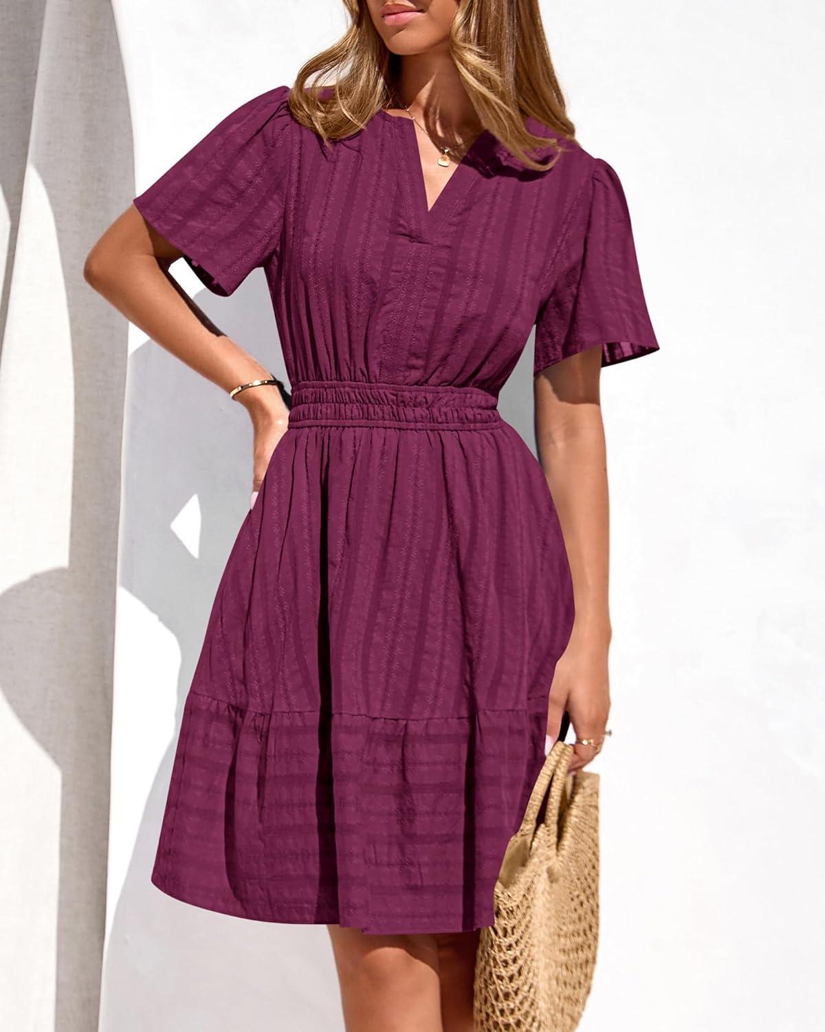 imageBTFBM Womens Spring 2026 Casual Mini Dresses Lightweight Short Sleeve V Neck Elastic Waist Cute Boho Beach Dress PocketsBurgundy