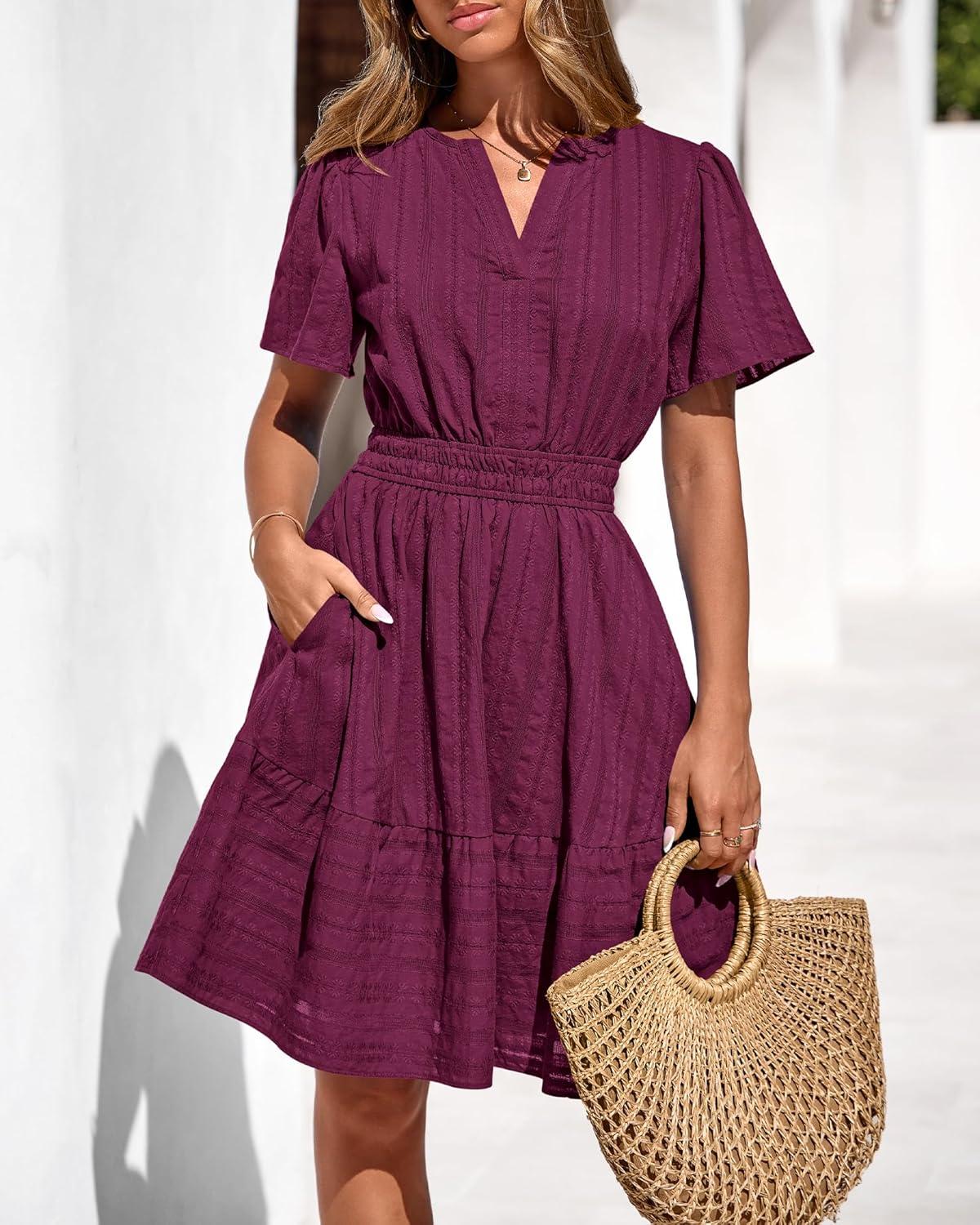 imageBTFBM Womens Spring 2026 Casual Mini Dresses Lightweight Short Sleeve V Neck Elastic Waist Cute Boho Beach Dress PocketsBurgundy