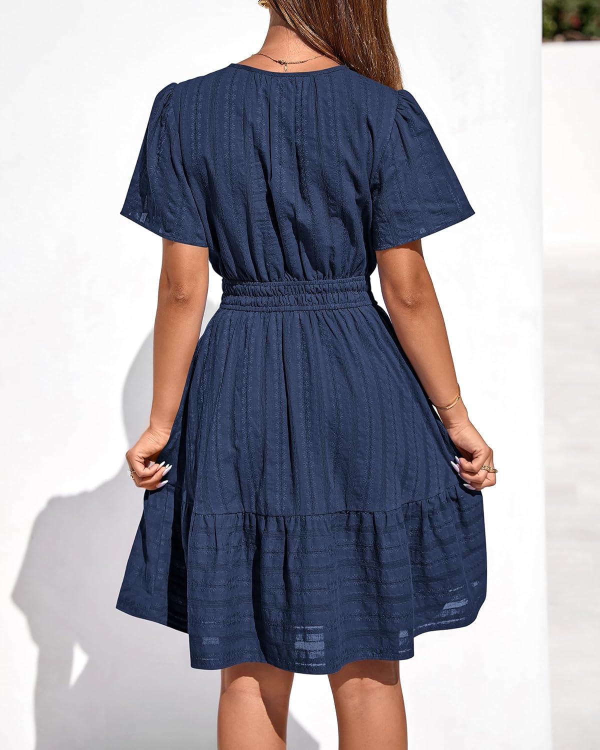 imageBTFBM Womens Spring 2026 Casual Mini Dresses Lightweight Short Sleeve V Neck Elastic Waist Cute Boho Beach Dress PocketsNavy Blue