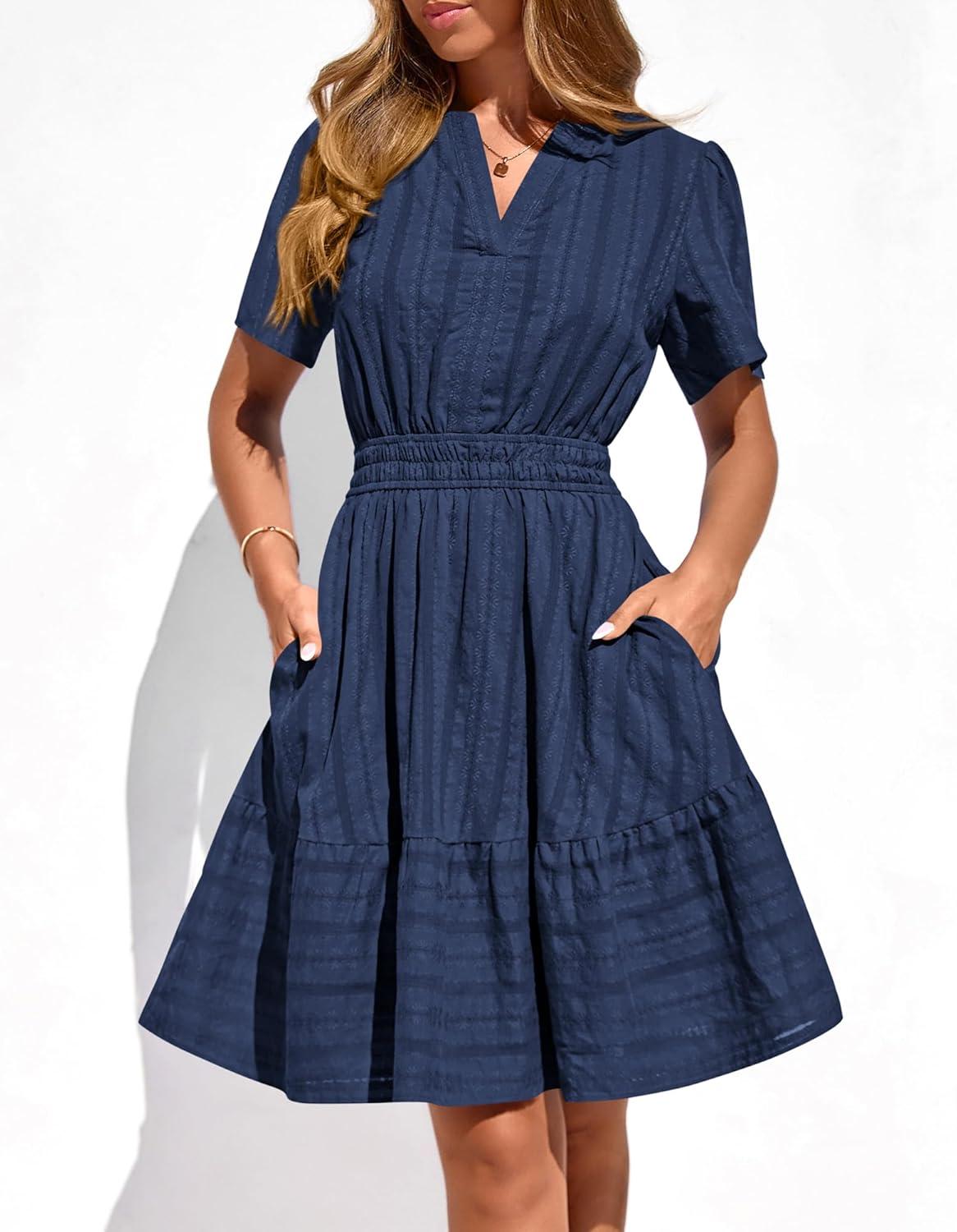 imageBTFBM Womens Spring 2026 Casual Mini Dresses Lightweight Short Sleeve V Neck Elastic Waist Cute Boho Beach Dress PocketsNavy Blue