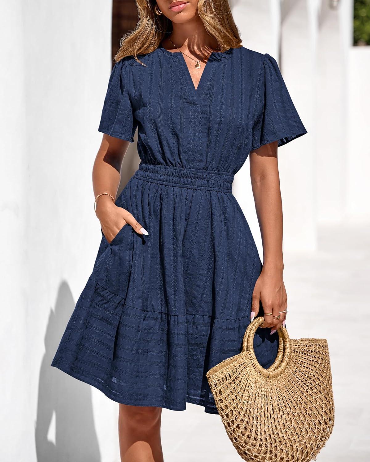 imageBTFBM Womens Spring 2026 Casual Mini Dresses Lightweight Short Sleeve V Neck Elastic Waist Cute Boho Beach Dress PocketsNavy Blue