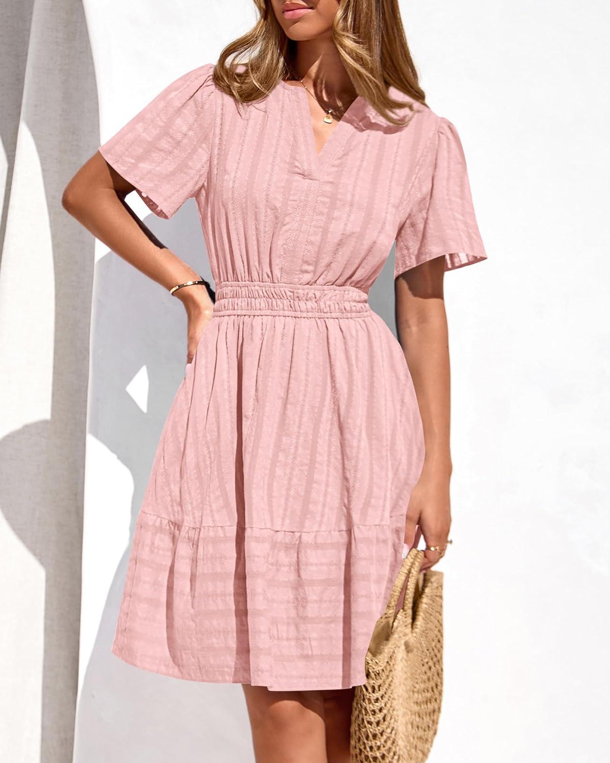 imageBTFBM Womens Spring 2026 Casual Mini Dresses Lightweight Short Sleeve V Neck Elastic Waist Cute Boho Beach Dress PocketsPink