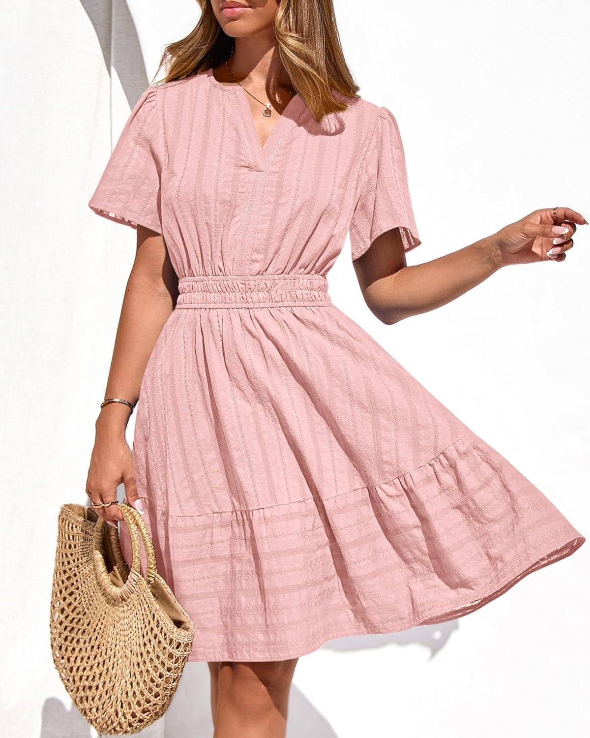 imageBTFBM Womens Spring 2026 Casual Mini Dresses Lightweight Short Sleeve V Neck Elastic Waist Cute Boho Beach Dress PocketsPink