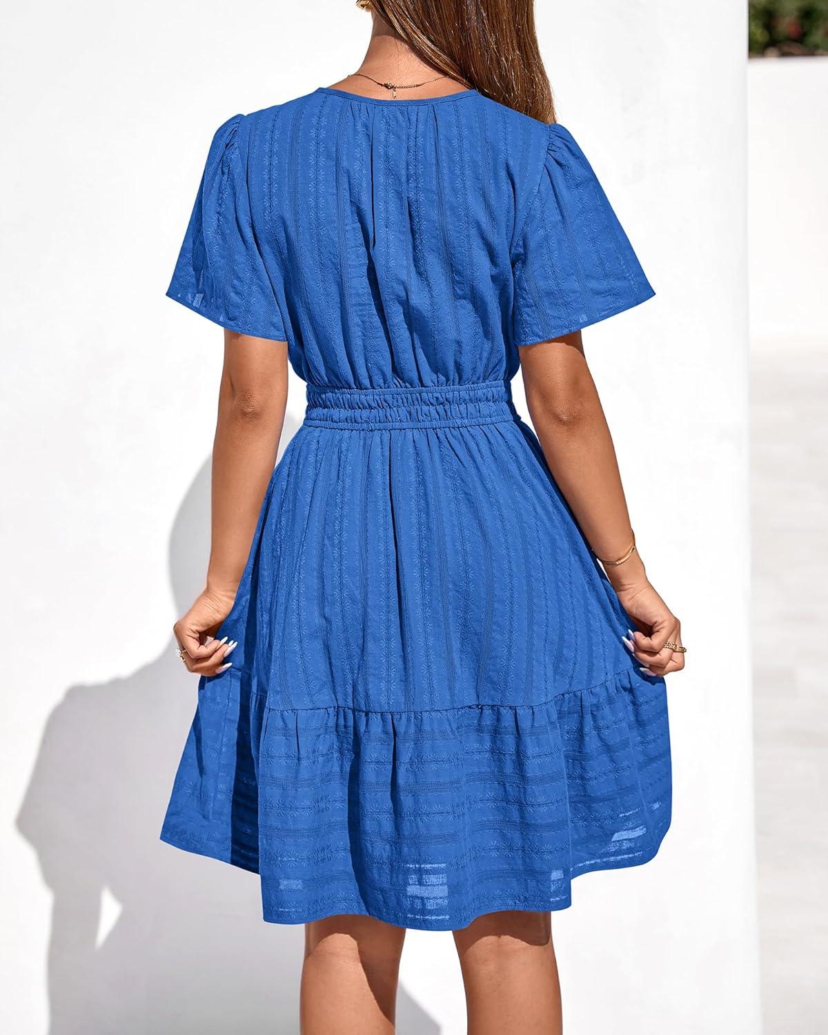 imageBTFBM Womens Spring 2026 Casual Mini Dresses Lightweight Short Sleeve V Neck Elastic Waist Cute Boho Beach Dress PocketsRoyal Blue