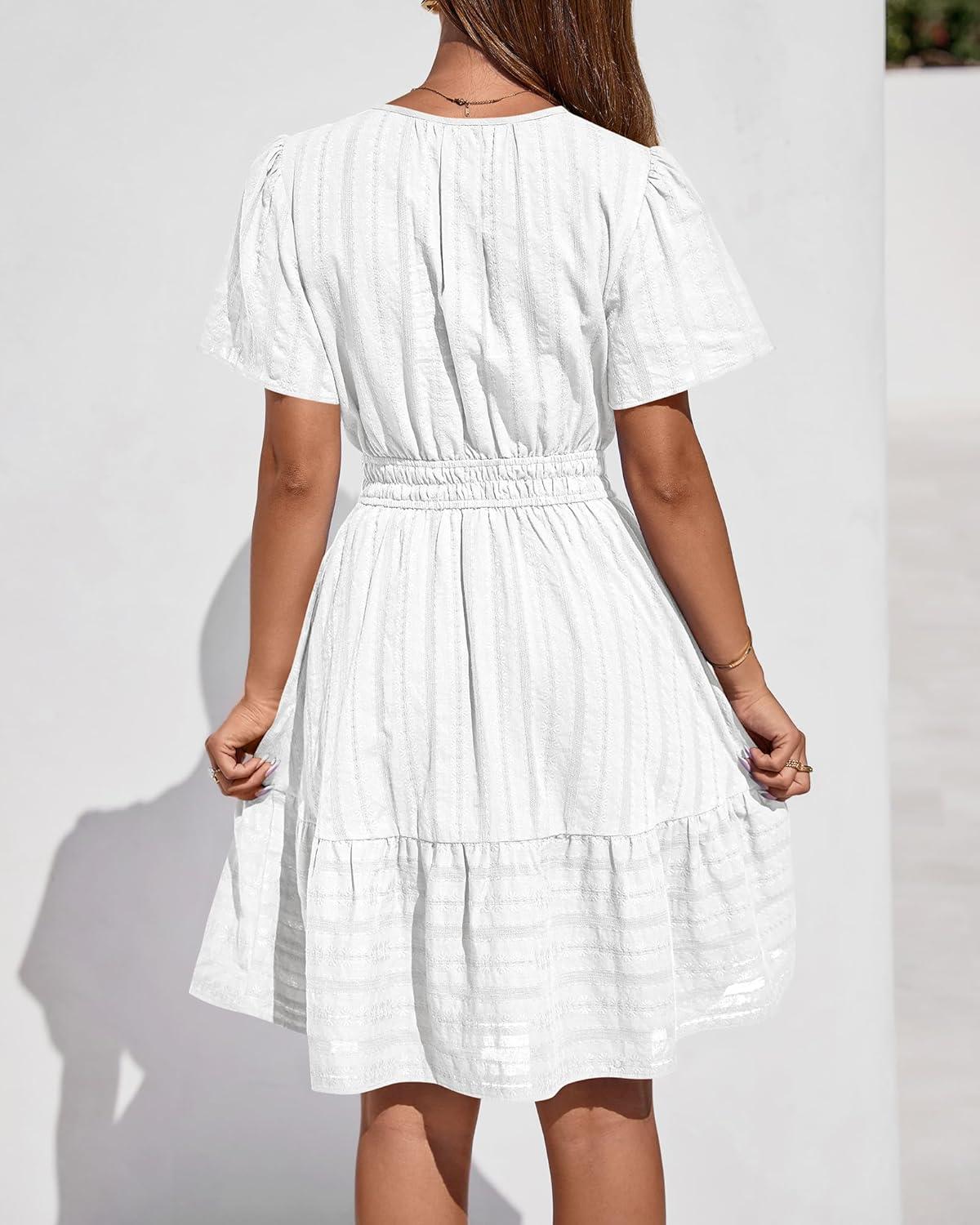 imageBTFBM Womens Spring 2026 Casual Mini Dresses Lightweight Short Sleeve V Neck Elastic Waist Cute Boho Beach Dress PocketsWhite