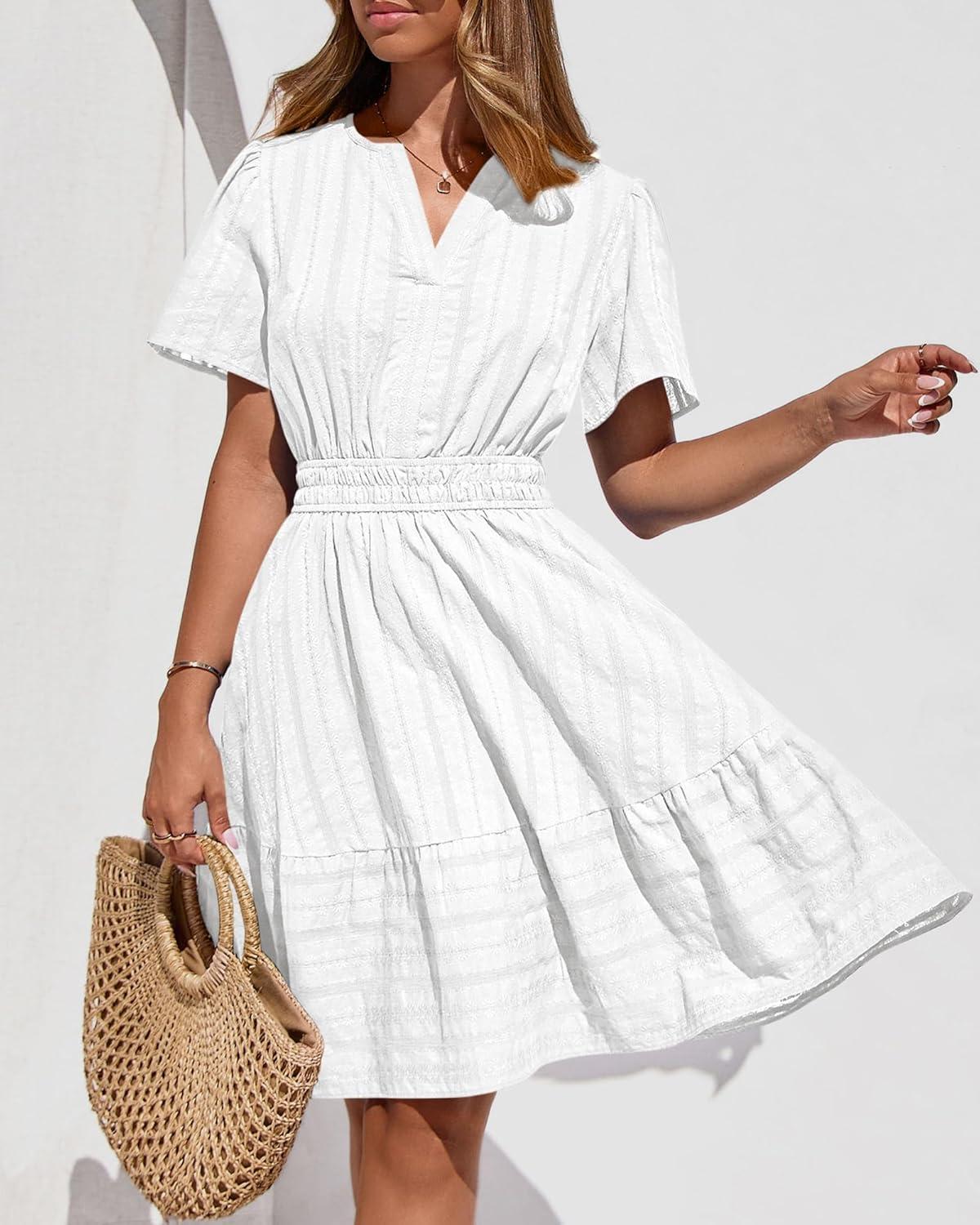 imageBTFBM Womens Spring 2026 Casual Mini Dresses Lightweight Short Sleeve V Neck Elastic Waist Cute Boho Beach Dress PocketsWhite