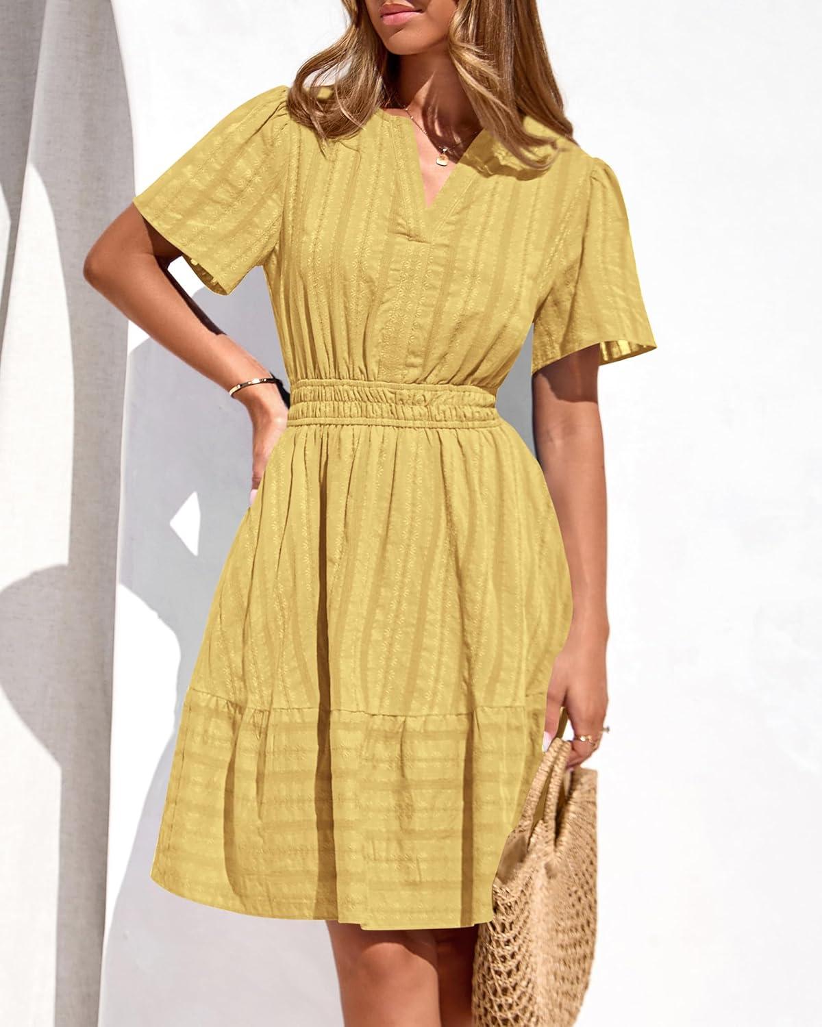 imageBTFBM Womens Spring 2026 Casual Mini Dresses Lightweight Short Sleeve V Neck Elastic Waist Cute Boho Beach Dress PocketsYellow