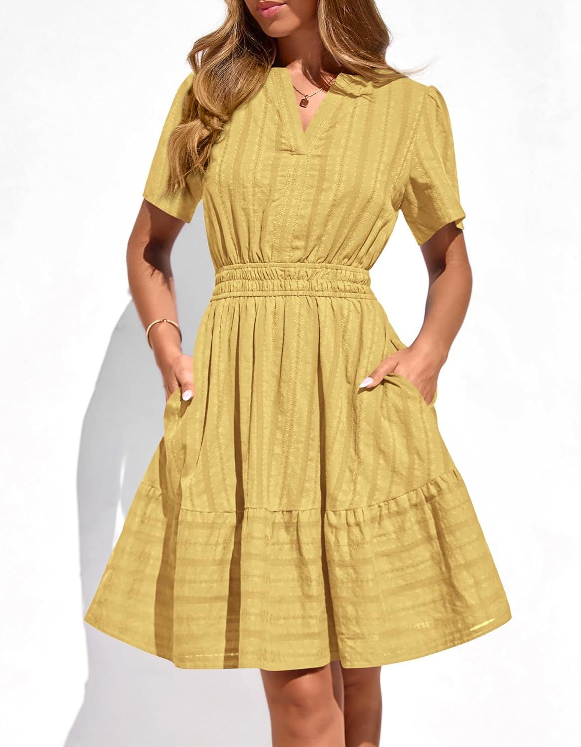 imageBTFBM Womens Spring 2026 Casual Mini Dresses Lightweight Short Sleeve V Neck Elastic Waist Cute Boho Beach Dress PocketsYellow
