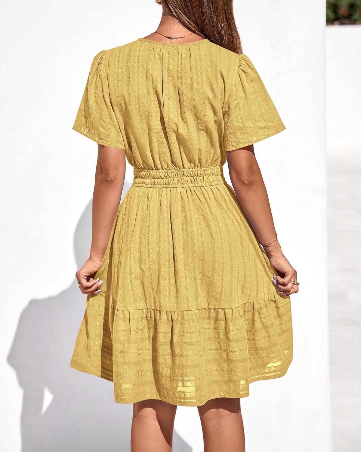 imageBTFBM Womens Spring 2026 Casual Mini Dresses Lightweight Short Sleeve V Neck Elastic Waist Cute Boho Beach Dress PocketsYellow