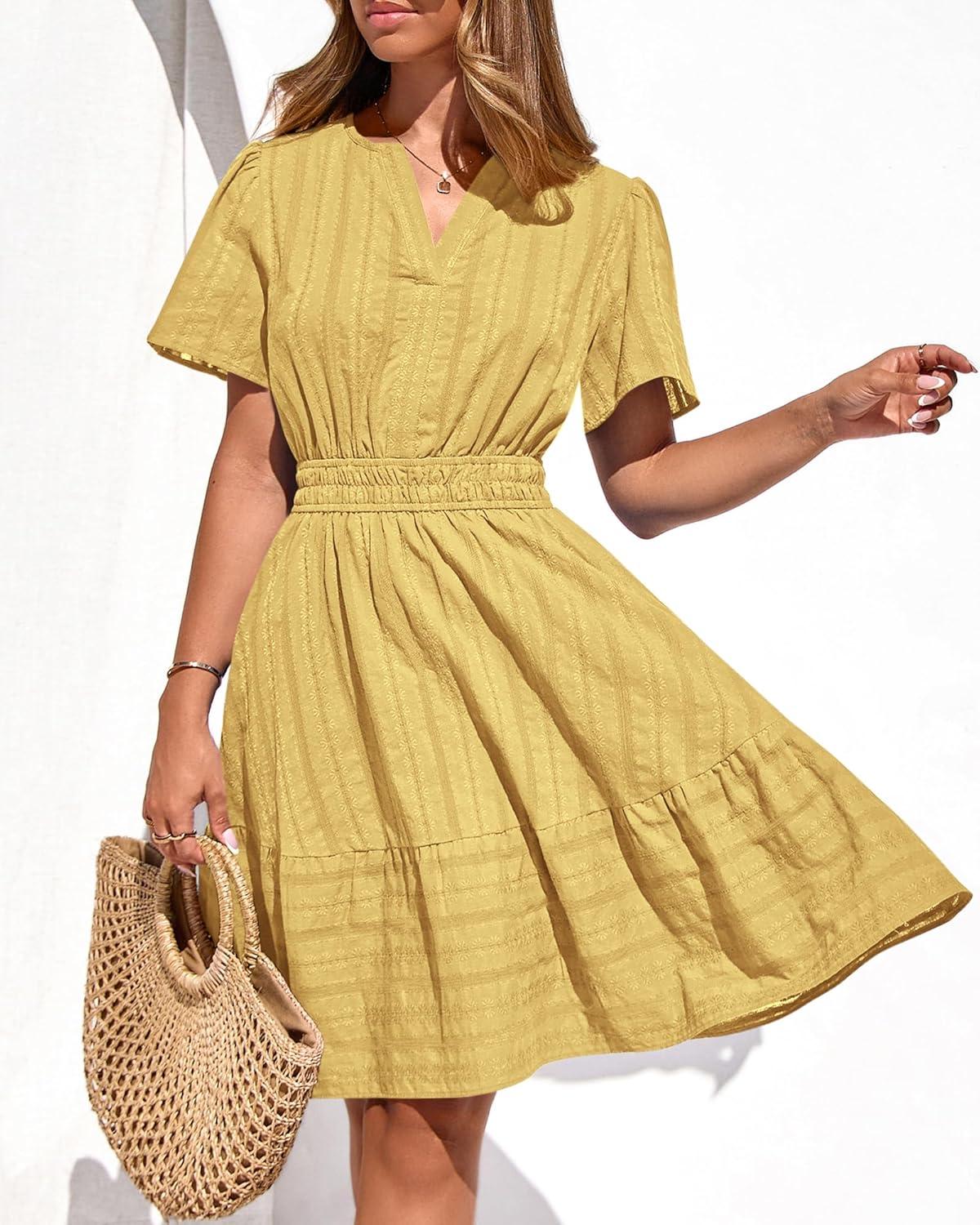 imageBTFBM Womens Spring 2026 Casual Mini Dresses Lightweight Short Sleeve V Neck Elastic Waist Cute Boho Beach Dress PocketsYellow