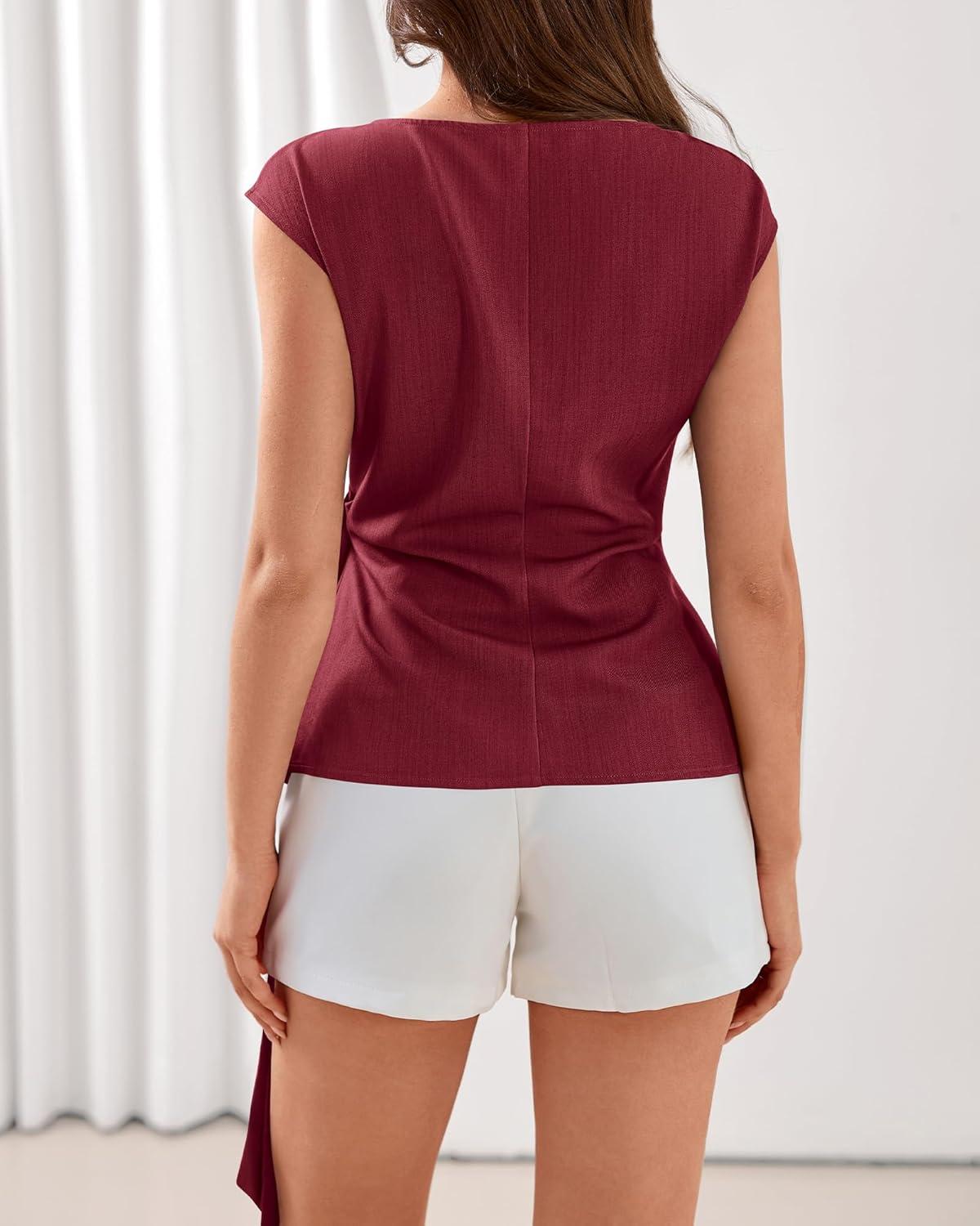 imageBTFBM Womens Tops Summer 2026 Cap Sleeve Crew Neck Tie Waist Blouses Dressy Casual Business Work Clothes Spring FashionRed