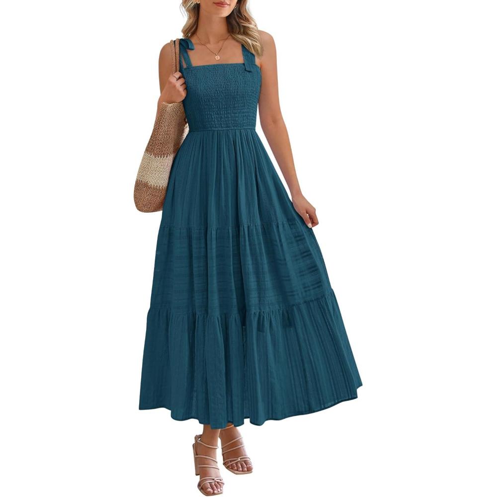 imageBTFBM Boho Maxi Dress Sleeveless Summer Dresses for Women 2026 Beach Vacation Smocked A Line Casual Sundress PocketsLake Blue