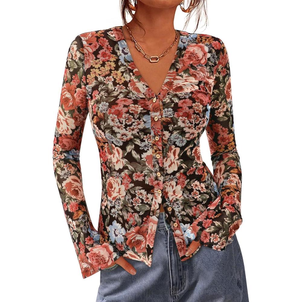imageBTFBM Button Down Shirts for Women Fall Fashion 2025 V Neck Long Sleeve Blouse Ruched Mesh Fitted Floral Print Boho TopsFloral Black Red