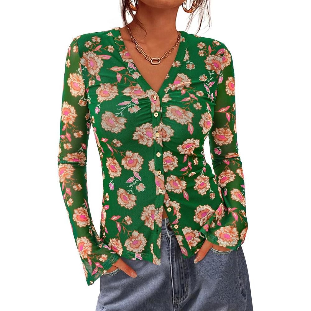 imageBTFBM Button Down Shirts for Women Fall Fashion 2025 V Neck Long Sleeve Blouse Ruched Mesh Fitted Floral Print Boho TopsGreen