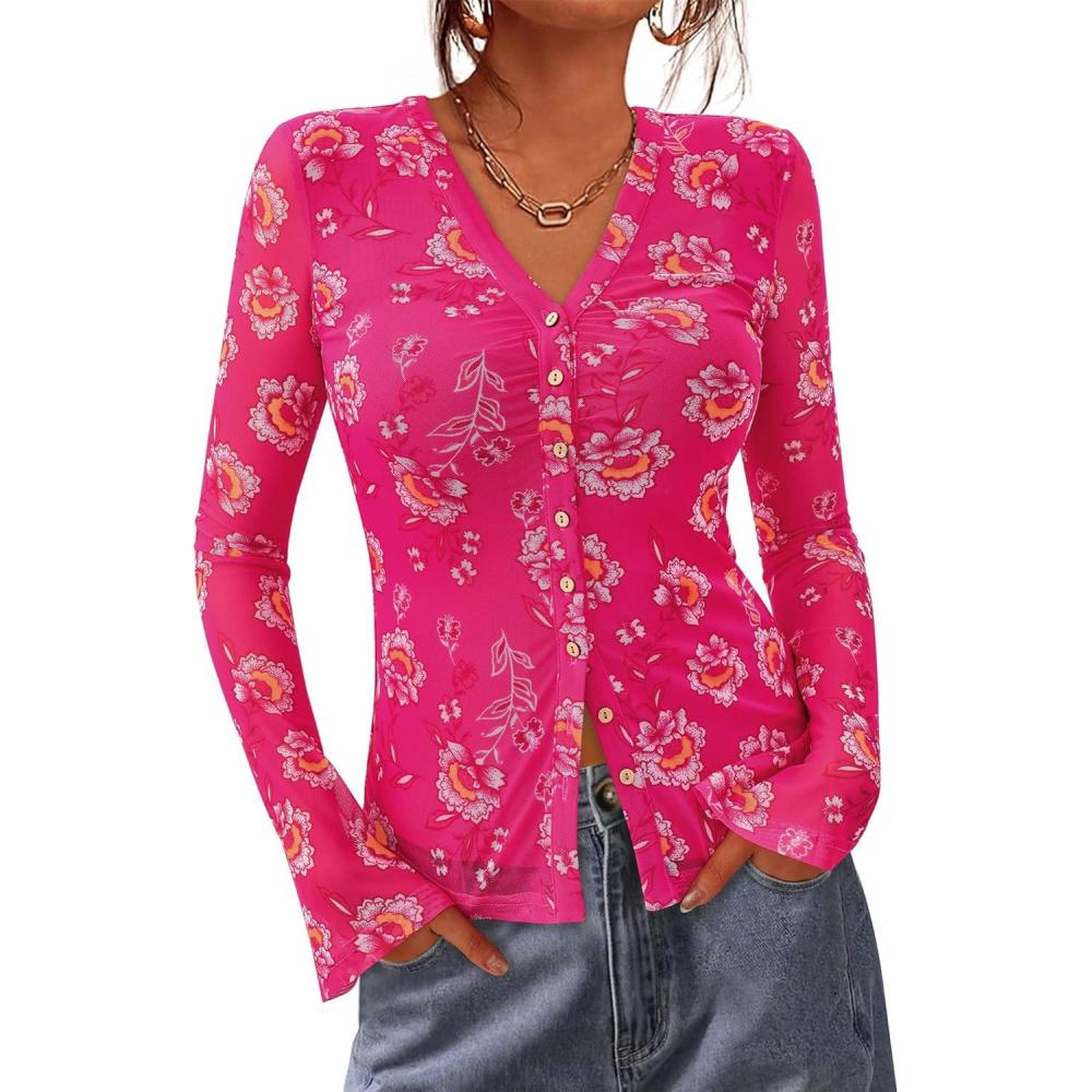 imageBTFBM Button Down Shirts for Women Fall Fashion 2025 V Neck Long Sleeve Blouse Ruched Mesh Fitted Floral Print Boho TopsHot Pink