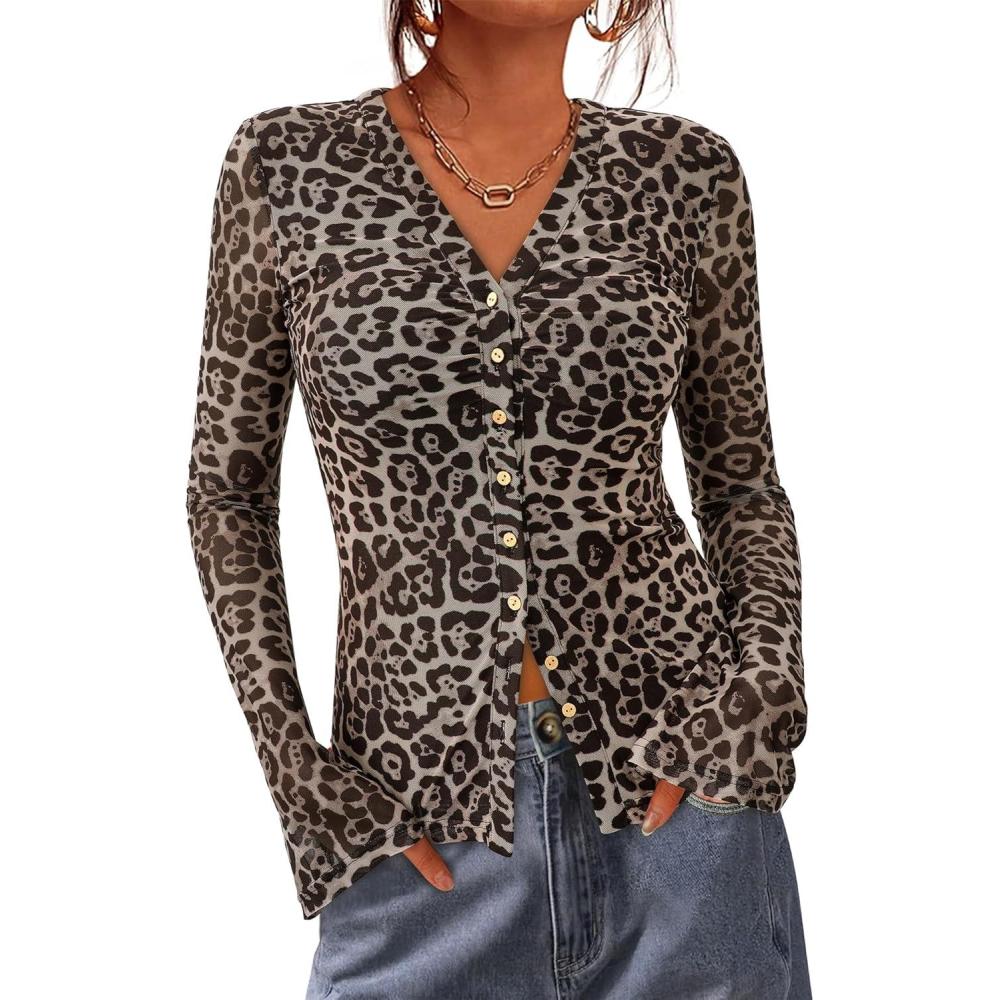 imageBTFBM Button Down Shirts for Women Fall Fashion 2025 V Neck Long Sleeve Blouse Ruched Mesh Fitted Floral Print Boho TopsLeopard