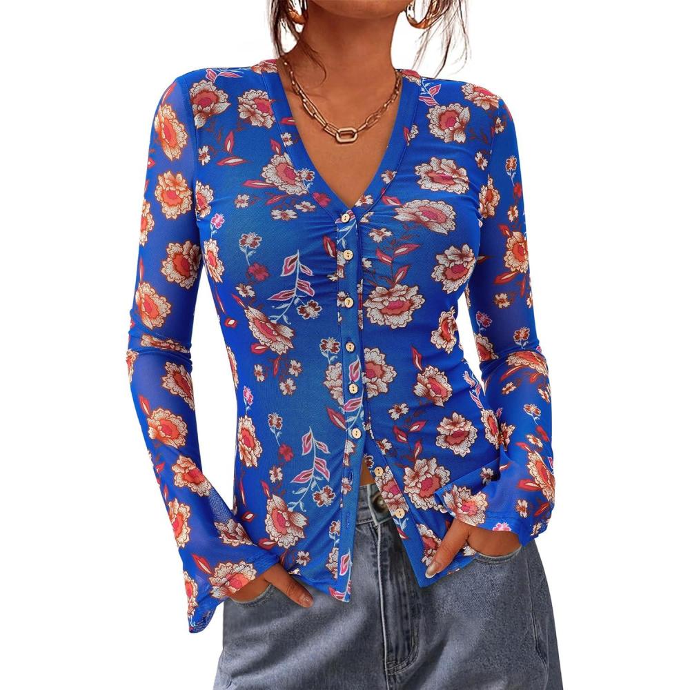 imageBTFBM Button Down Shirts for Women Fall Fashion 2025 V Neck Long Sleeve Blouse Ruched Mesh Fitted Floral Print Boho TopsRoyal Blue