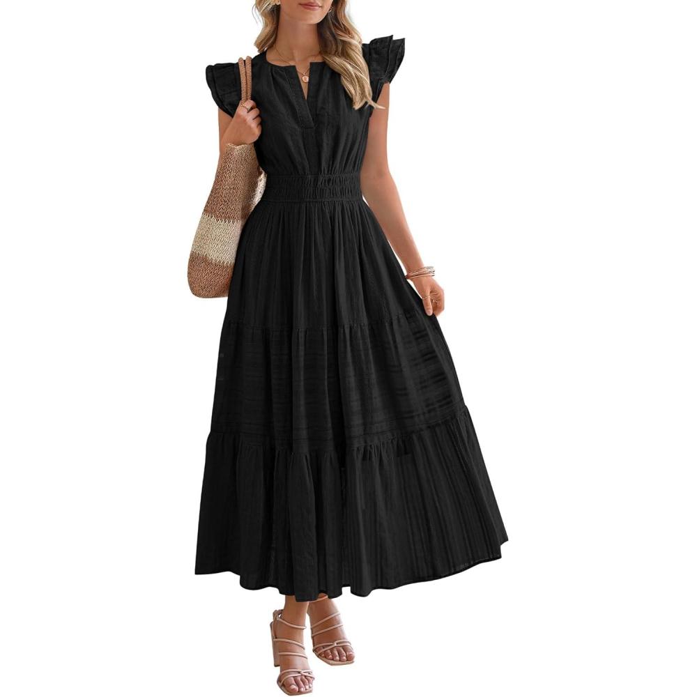 imageBTFBM Dresses for Women Spring 2026 Maxi Casual Dress Flutter Short Sleeve V Neck Elastic Waist Boho Beach Vacation PocketsBlack