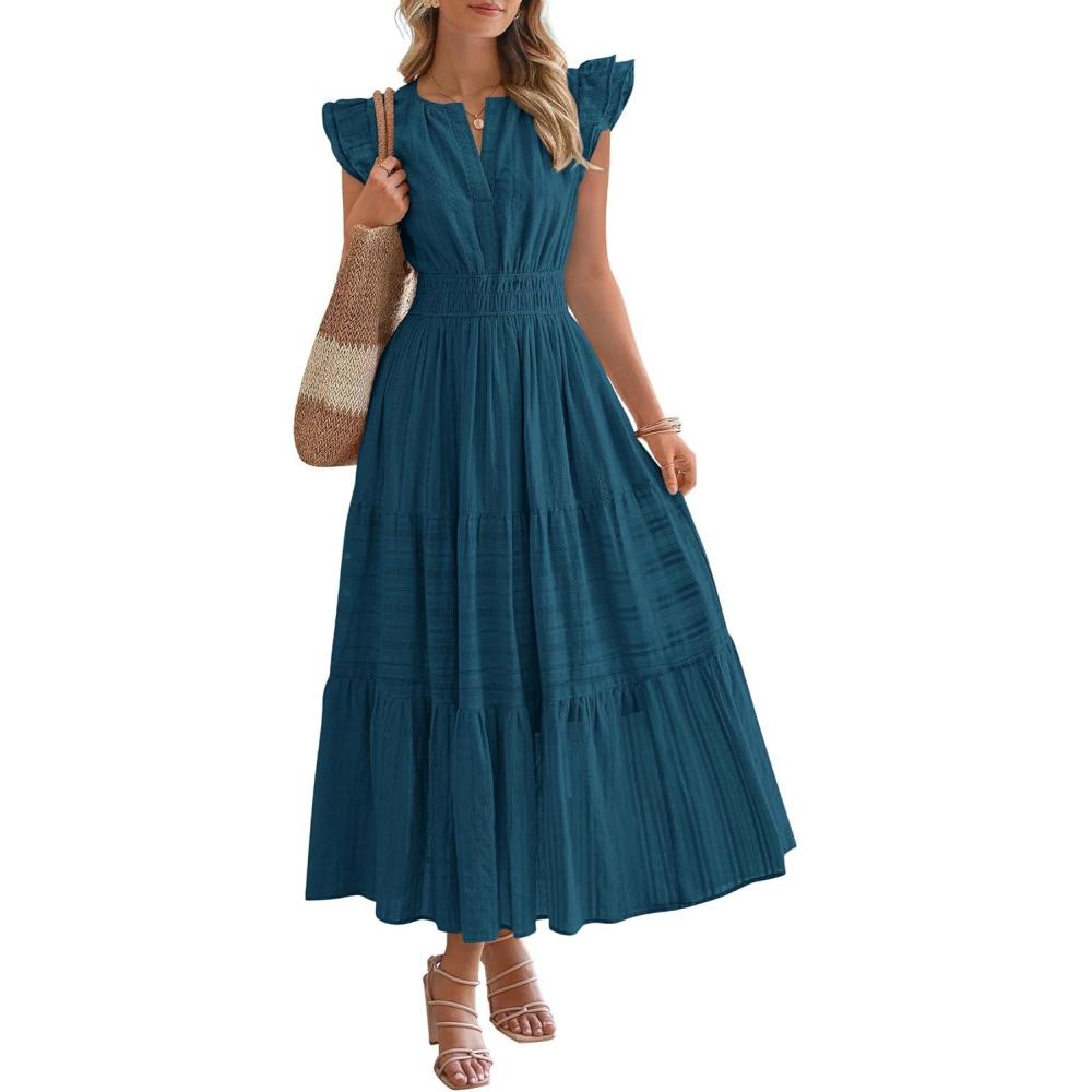 imageBTFBM Dresses for Women Spring 2026 Maxi Casual Dress Flutter Short Sleeve V Neck Elastic Waist Boho Beach Vacation PocketsLake Blue