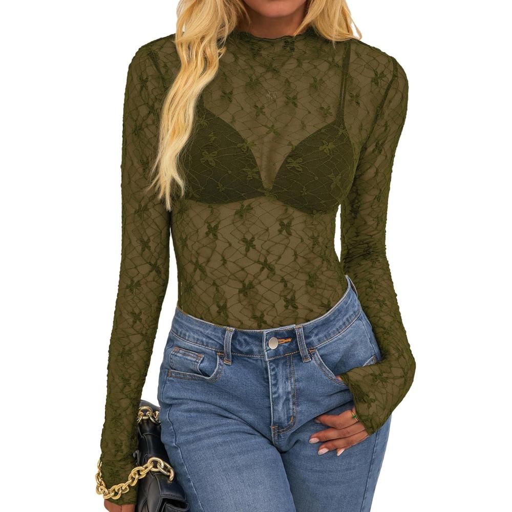imageBTFBM Lace Tops for Women 2025 See Through Mesh Top Crew Neck Long Sleeve Fitted Sheer Party Club Outfits Fall FashionArmy Green