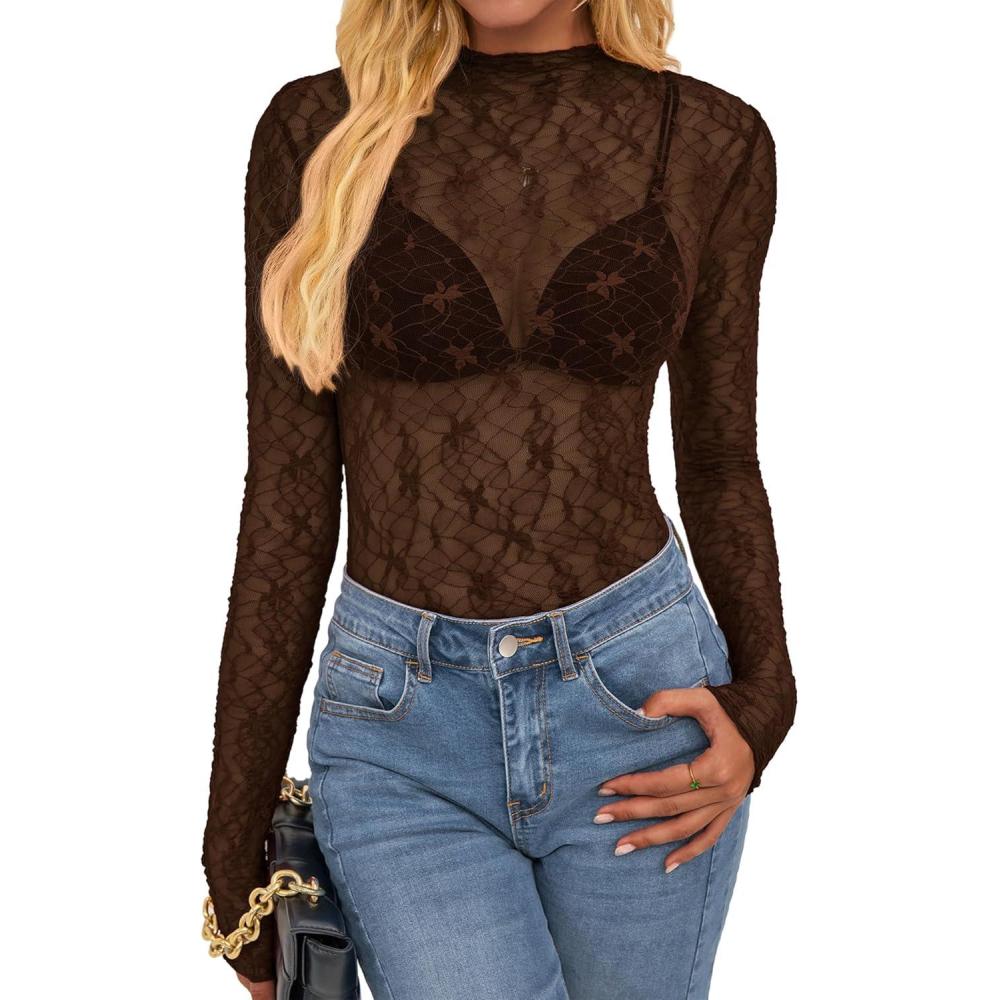 imageBTFBM Lace Tops for Women 2025 See Through Mesh Top Crew Neck Long Sleeve Fitted Sheer Party Club Outfits Fall FashionBrown