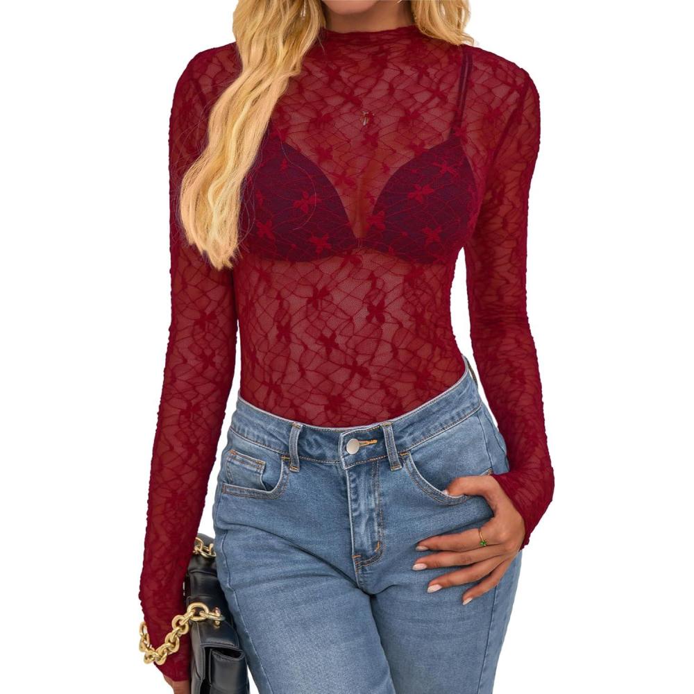 imageBTFBM Lace Tops for Women 2025 See Through Mesh Top Crew Neck Long Sleeve Fitted Sheer Party Club Outfits Fall FashionRed
