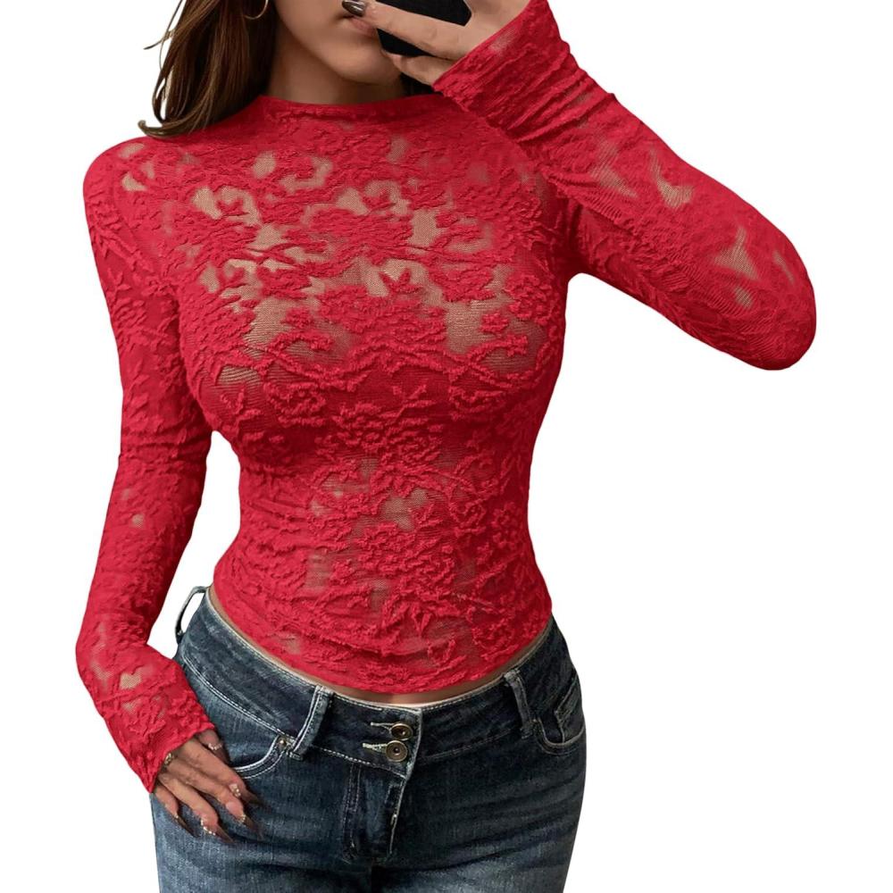 imageBTFBM Mesh Long Sleeve Tops for Women Lace Sexy Sheer See Through Crew Neck Tight Shirt Fall 2025 Party Club OutfitsRed
