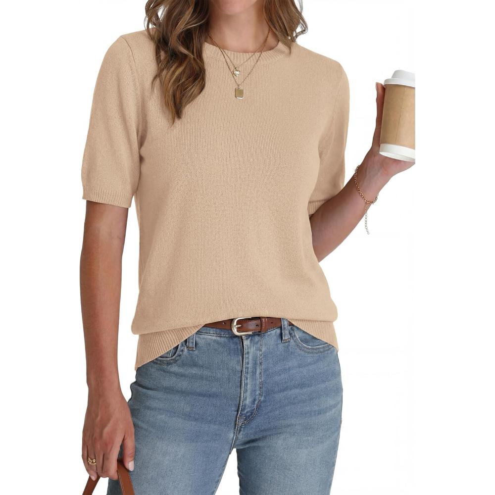 imageBTFBM Short Sleeve Sweater for Women Spring Tops Crew Neck Lightweight Pullover Loose Dressy Casual Blouse Basic ClothesApricot