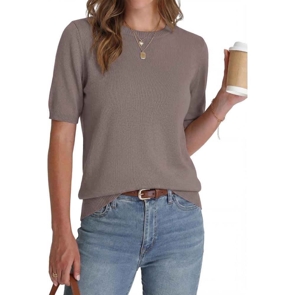 imageBTFBM Short Sleeve Sweater for Women Spring Tops Crew Neck Lightweight Pullover Loose Dressy Casual Blouse Basic ClothesApricot Khaki