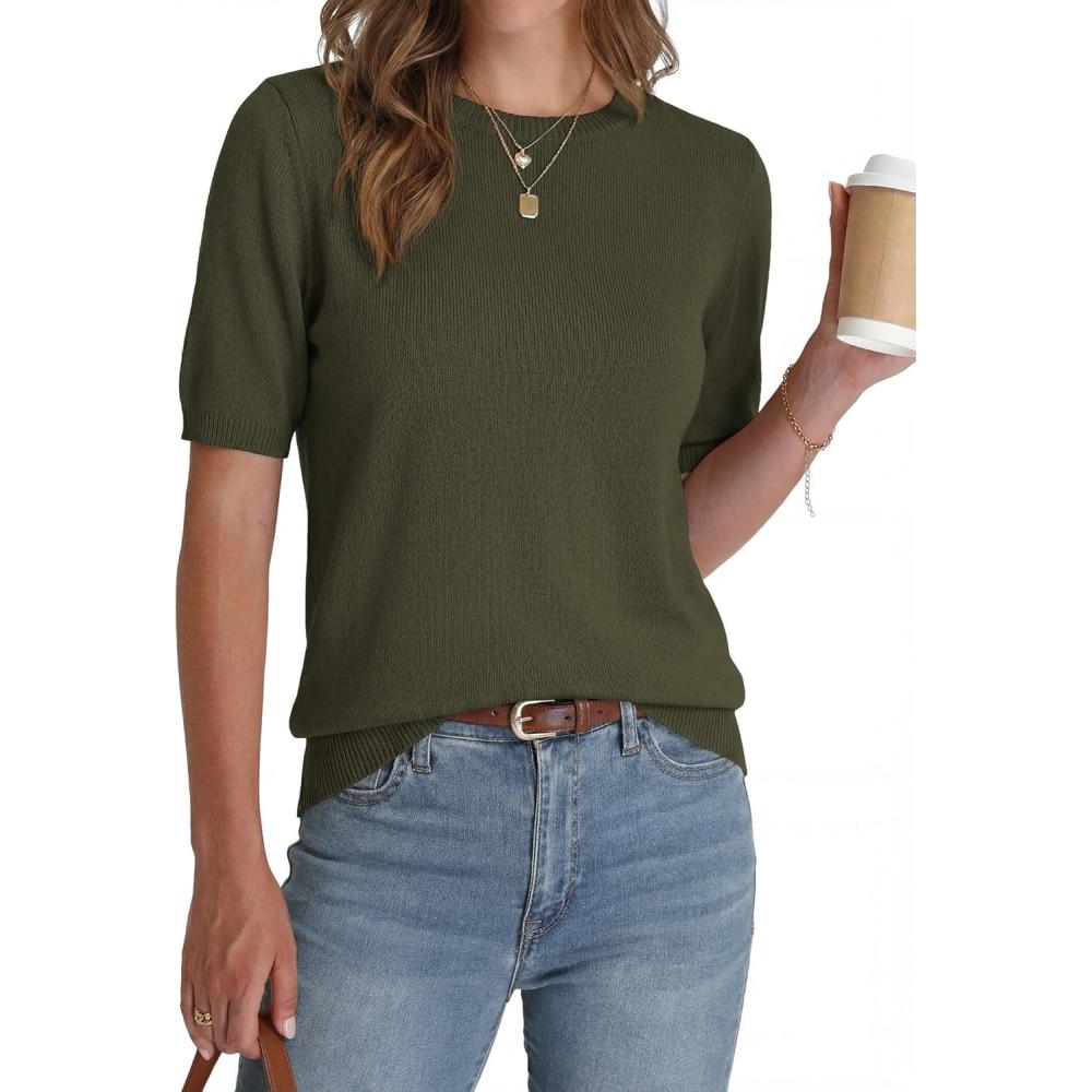 imageBTFBM Short Sleeve Sweater for Women Spring Tops Crew Neck Lightweight Pullover Loose Dressy Casual Blouse Basic ClothesArmy Green
