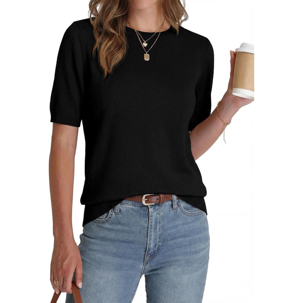 imageBTFBM Short Sleeve Sweater for Women Spring Tops Crew Neck Lightweight Pullover Loose Dressy Casual Blouse Basic ClothesBlack