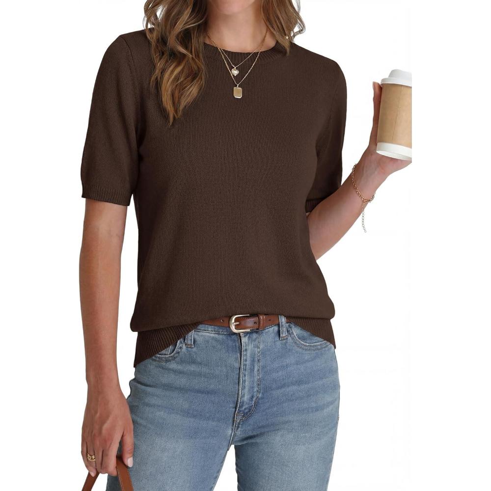imageBTFBM Short Sleeve Sweater for Women Spring Tops Crew Neck Lightweight Pullover Loose Dressy Casual Blouse Basic ClothesBrown