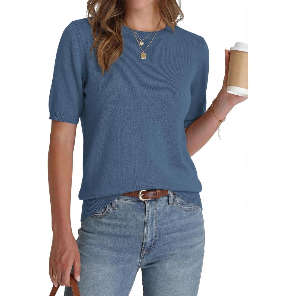 imageBTFBM Short Sleeve Sweater for Women Spring Tops Crew Neck Lightweight Pullover Loose Dressy Casual Blouse Basic ClothesGrey Blue