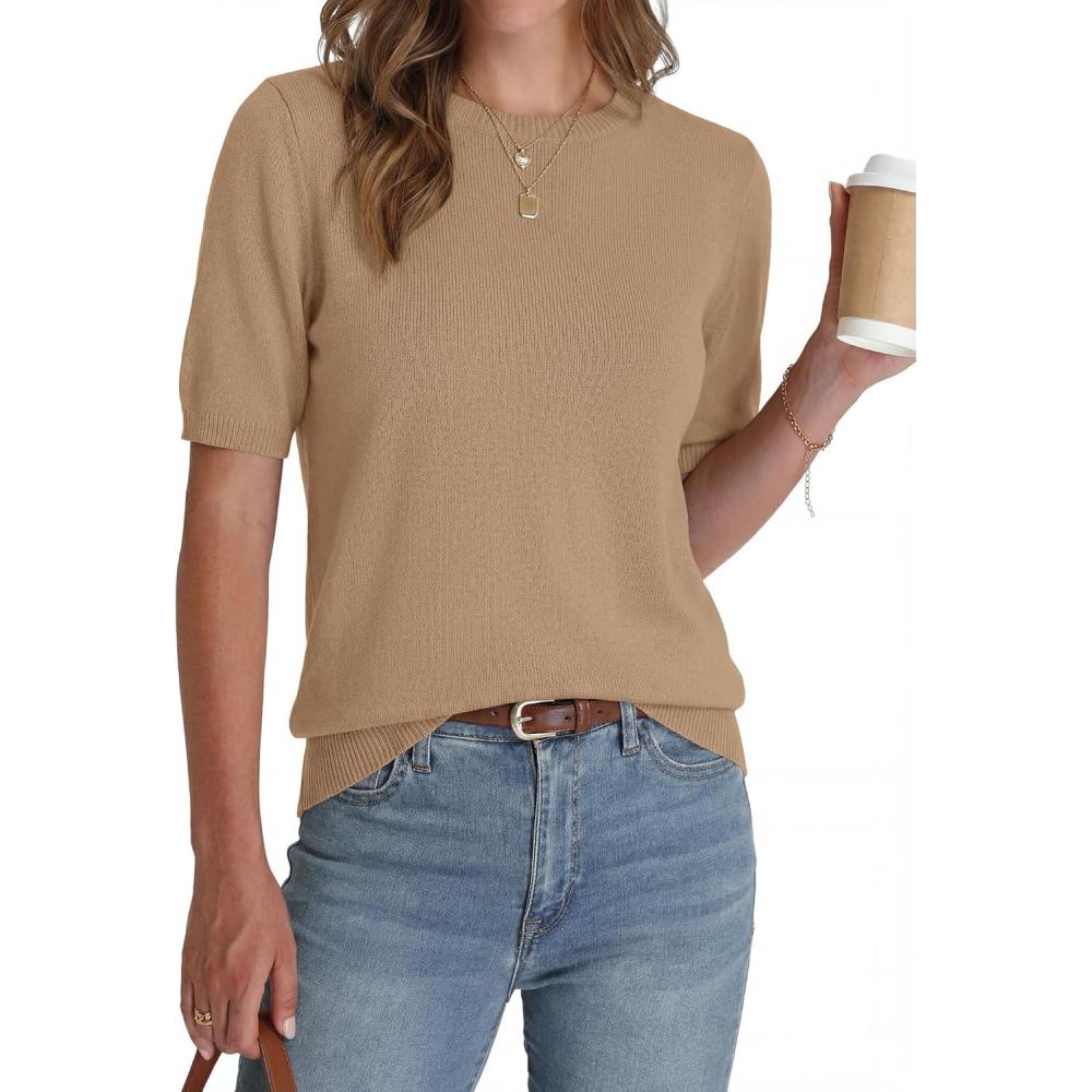 imageBTFBM Short Sleeve Sweater for Women Spring Tops Crew Neck Lightweight Pullover Loose Dressy Casual Blouse Basic ClothesKhaki