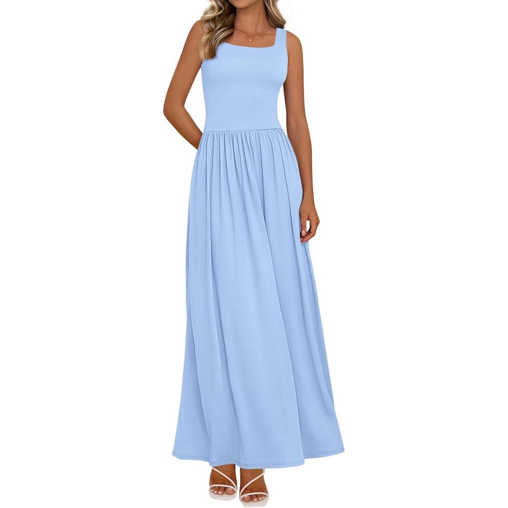 imageBTFBM Summer Dresses for Women 2026 Maxi Casual Square Neck Flowy Long Sundress Spring Wedding Guest Cocktail DressLight Blue