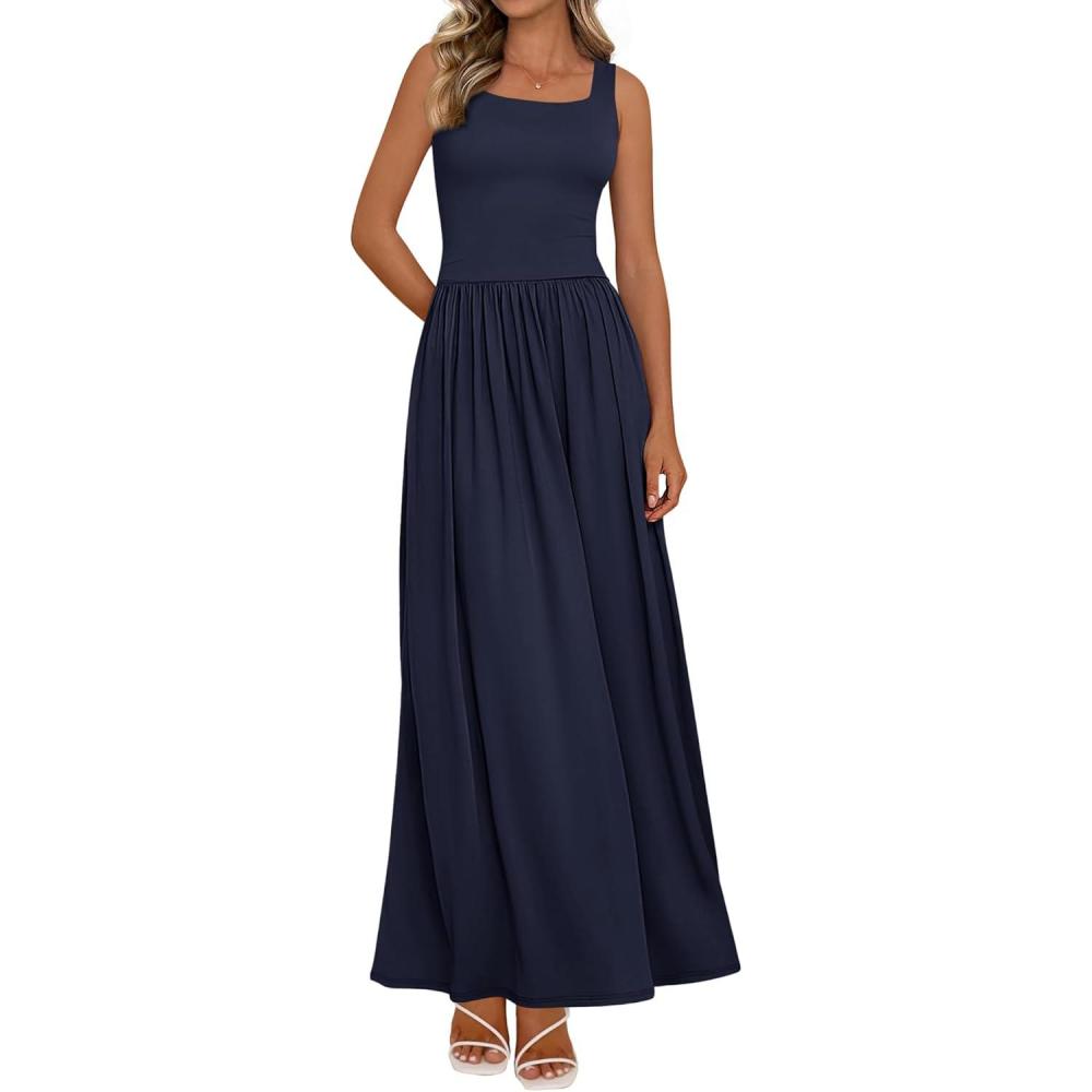 imageBTFBM Summer Dresses for Women 2026 Maxi Casual Square Neck Flowy Long Sundress Spring Wedding Guest Cocktail DressNavy Blue
