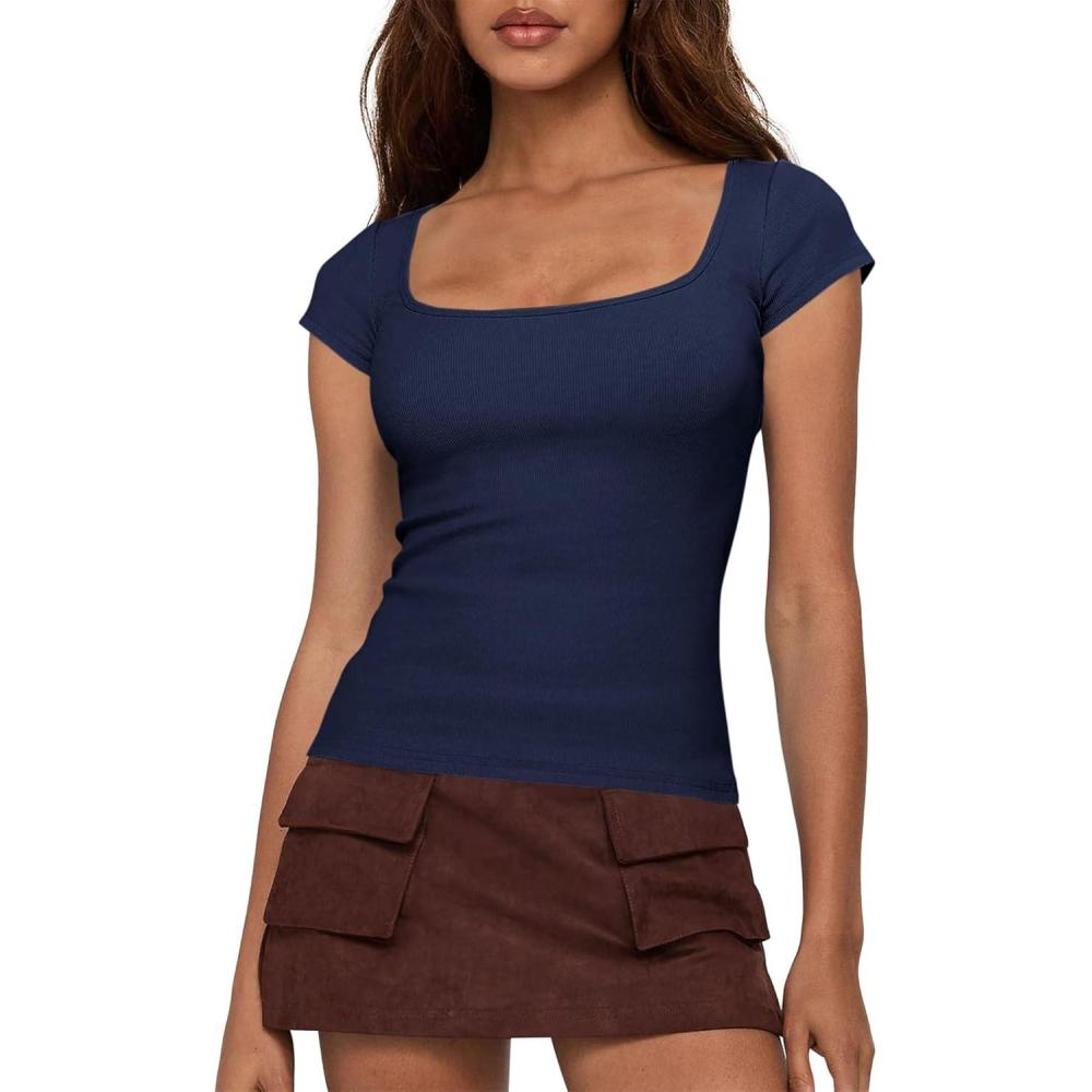 imageBTFBM T Shirts for Women Square Neck Crop Tops 2025 Spring Trendy Fashion Going Out Workout Y2k Clothes Summer OutfitsNavy Blue