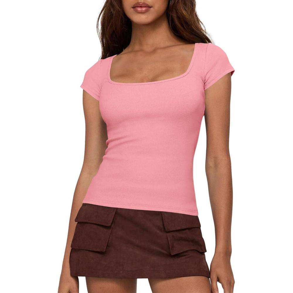 imageBTFBM T Shirts for Women Square Neck Crop Tops 2025 Spring Trendy Fashion Going Out Workout Y2k Clothes Summer OutfitsPink