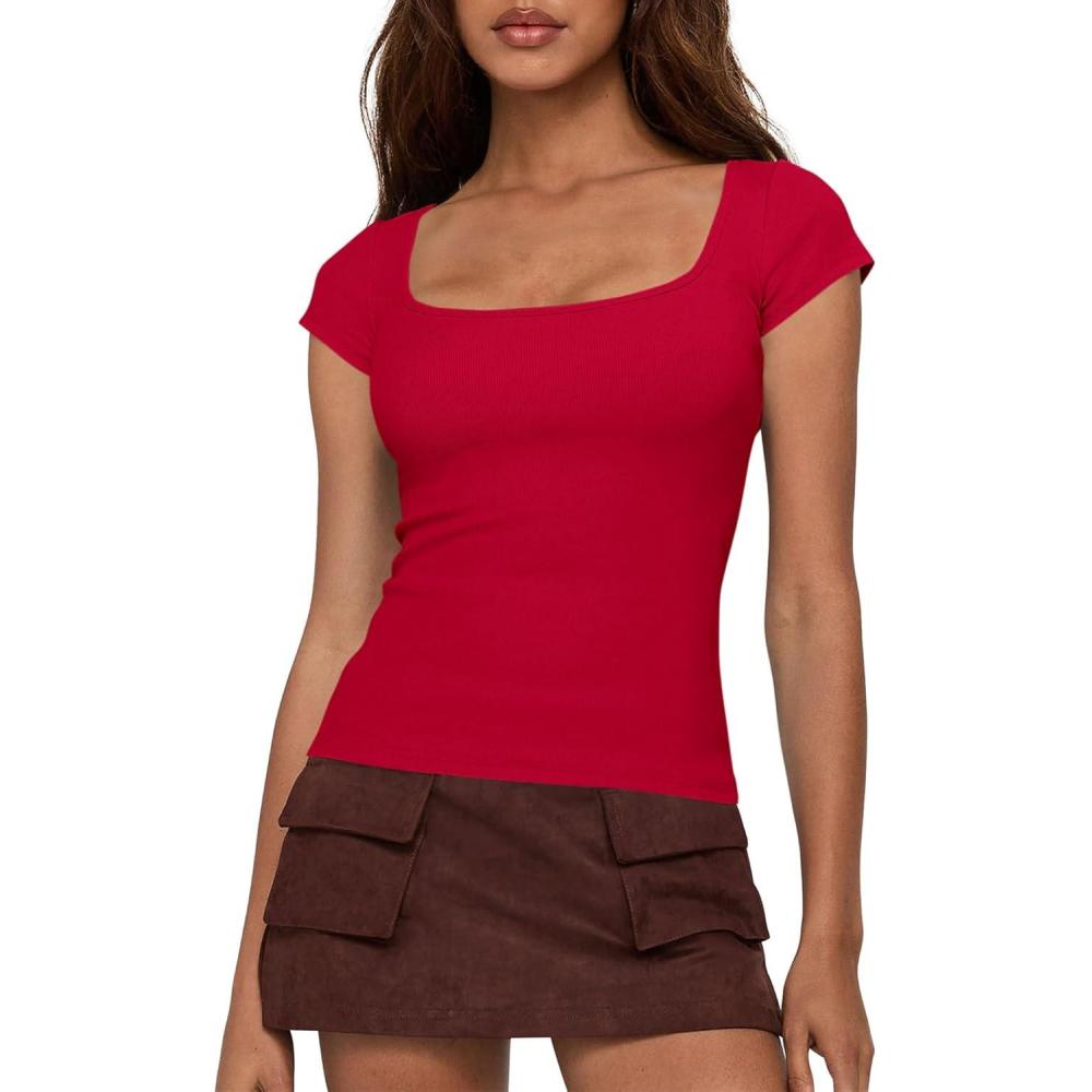 imageBTFBM T Shirts for Women Square Neck Crop Tops 2025 Spring Trendy Fashion Going Out Workout Y2k Clothes Summer OutfitsRed